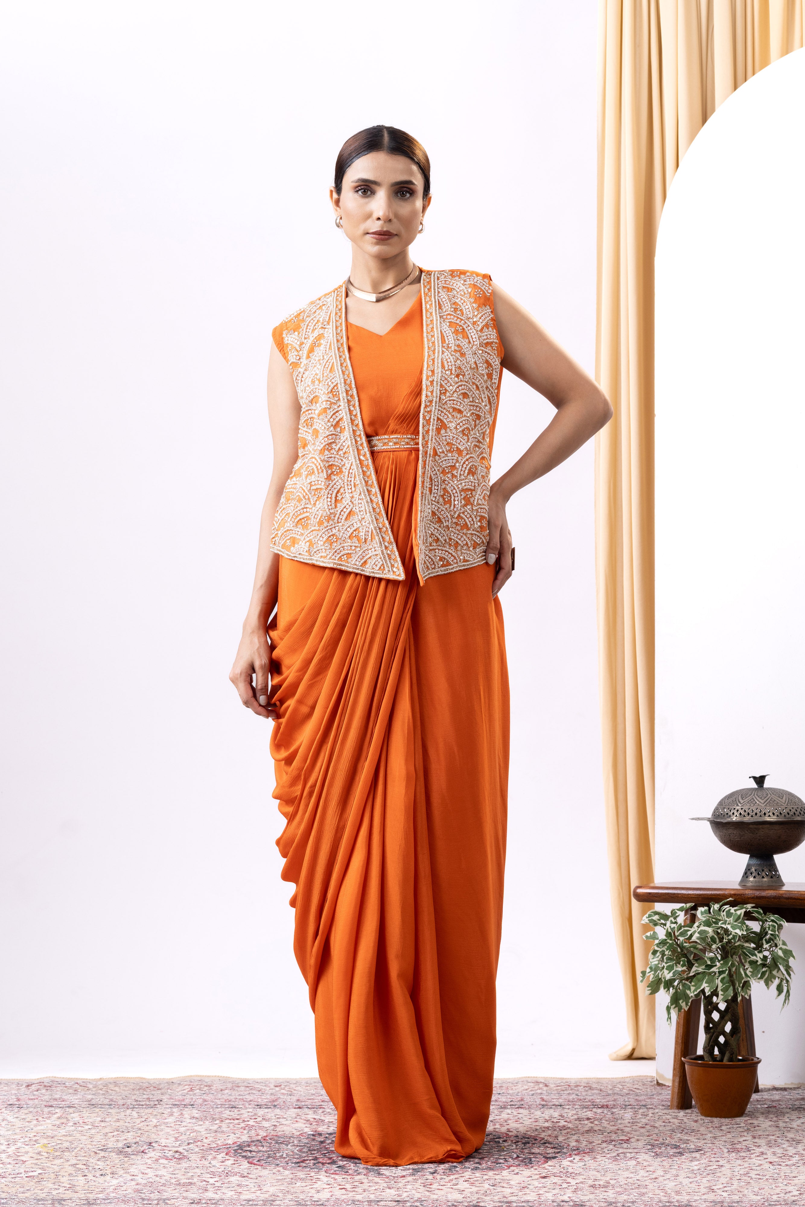 Orange Dhoti Style Gown with Embroidered Jacket