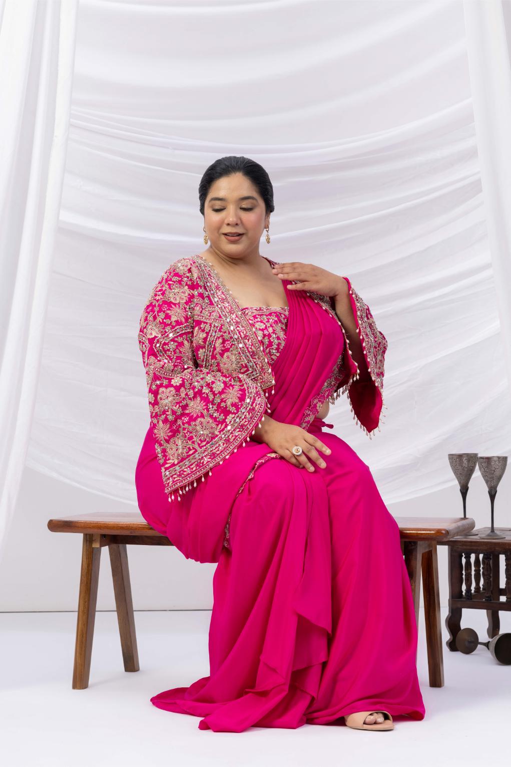 Fuchsia Royale Jacket Saree Set