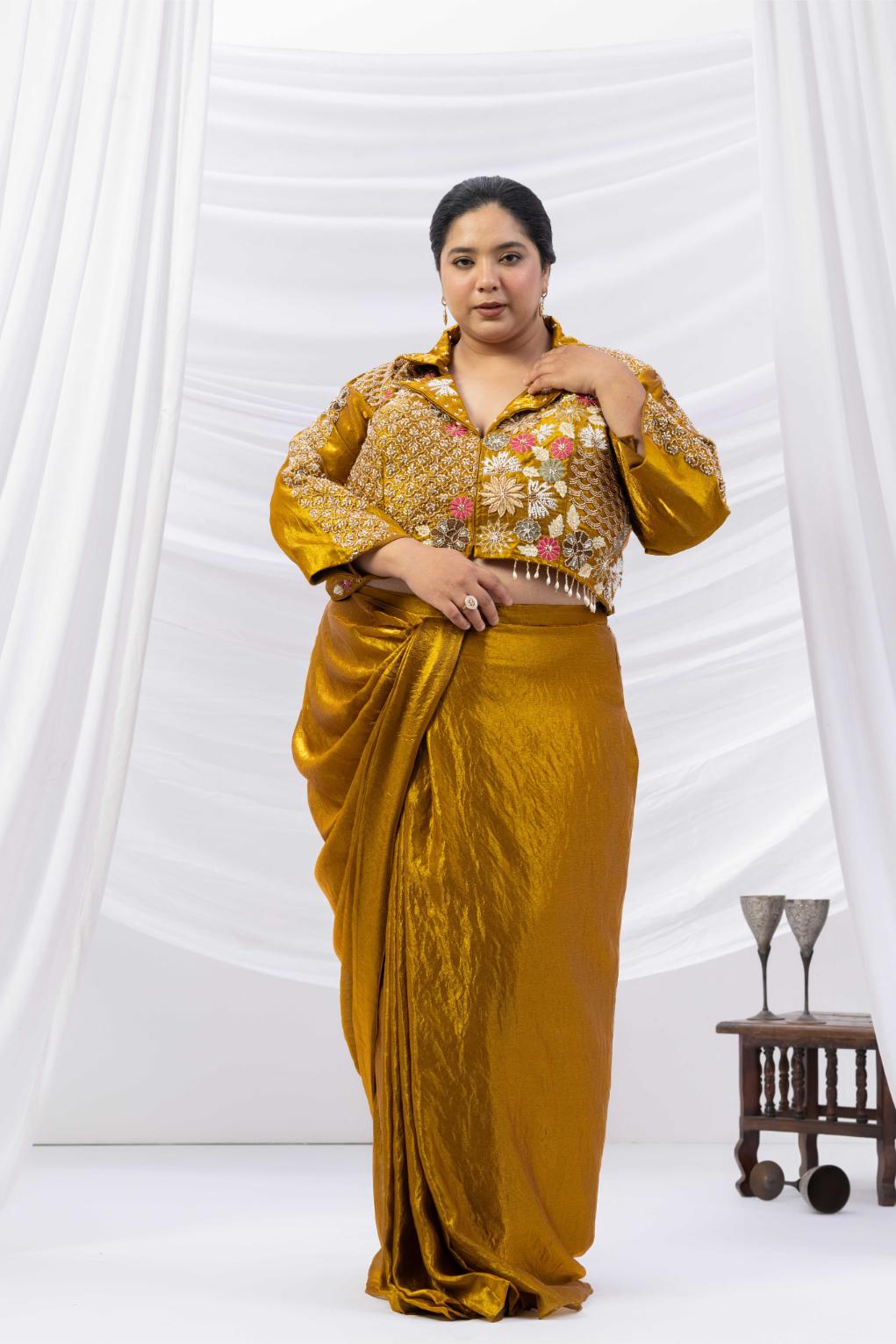 Bronze Gold Fusion Skirt Set with Hand Embroidered Jacket Blouse