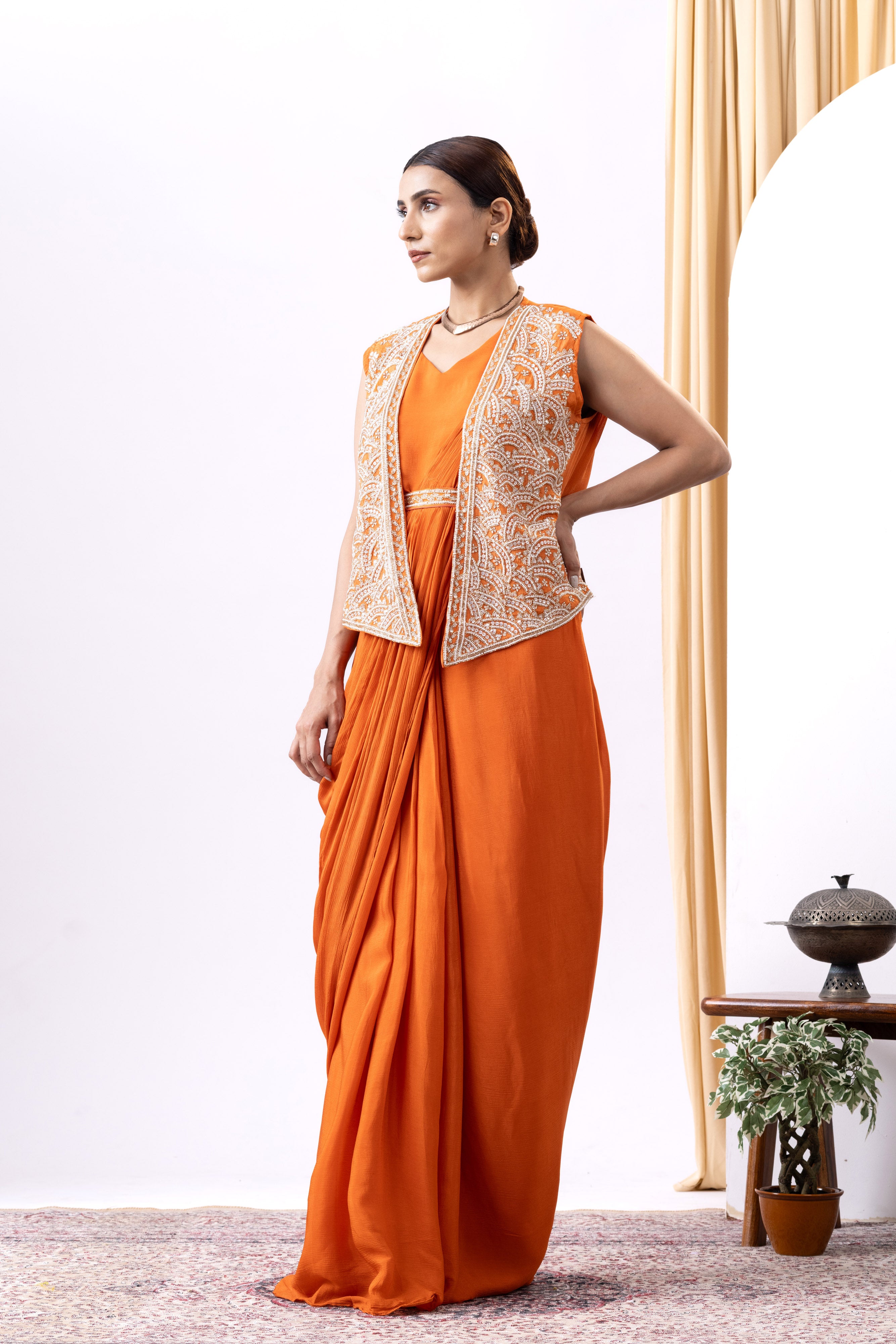Orange Dhoti Style Gown with Embroidered Jacket