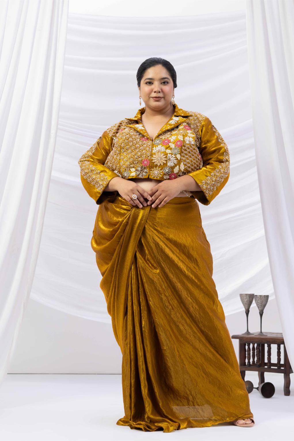 Bronze Gold Fusion Skirt Set with Hand Embroidered Jacket Blouse