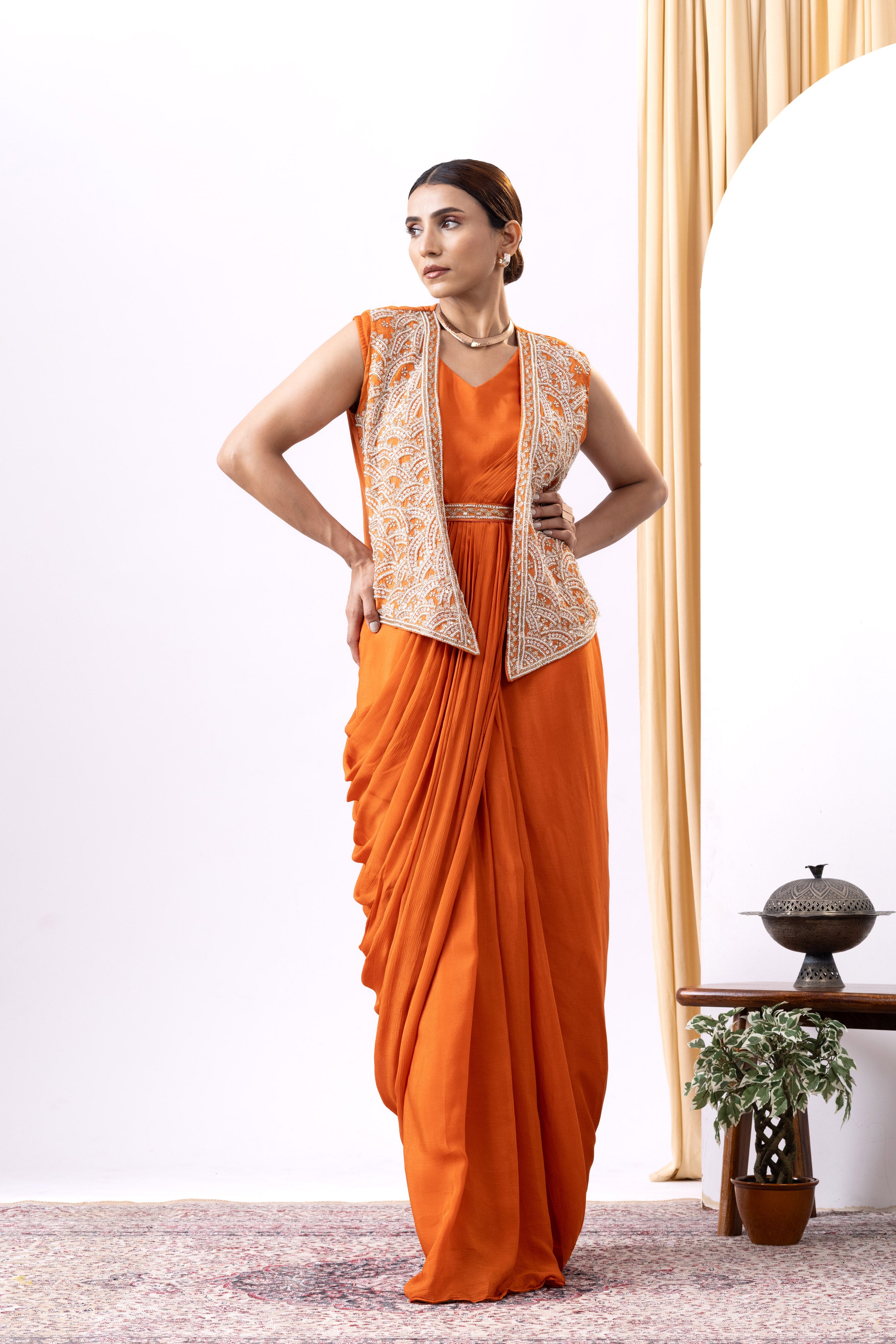 Orange Dhoti Style Gown with Embroidered Jacket