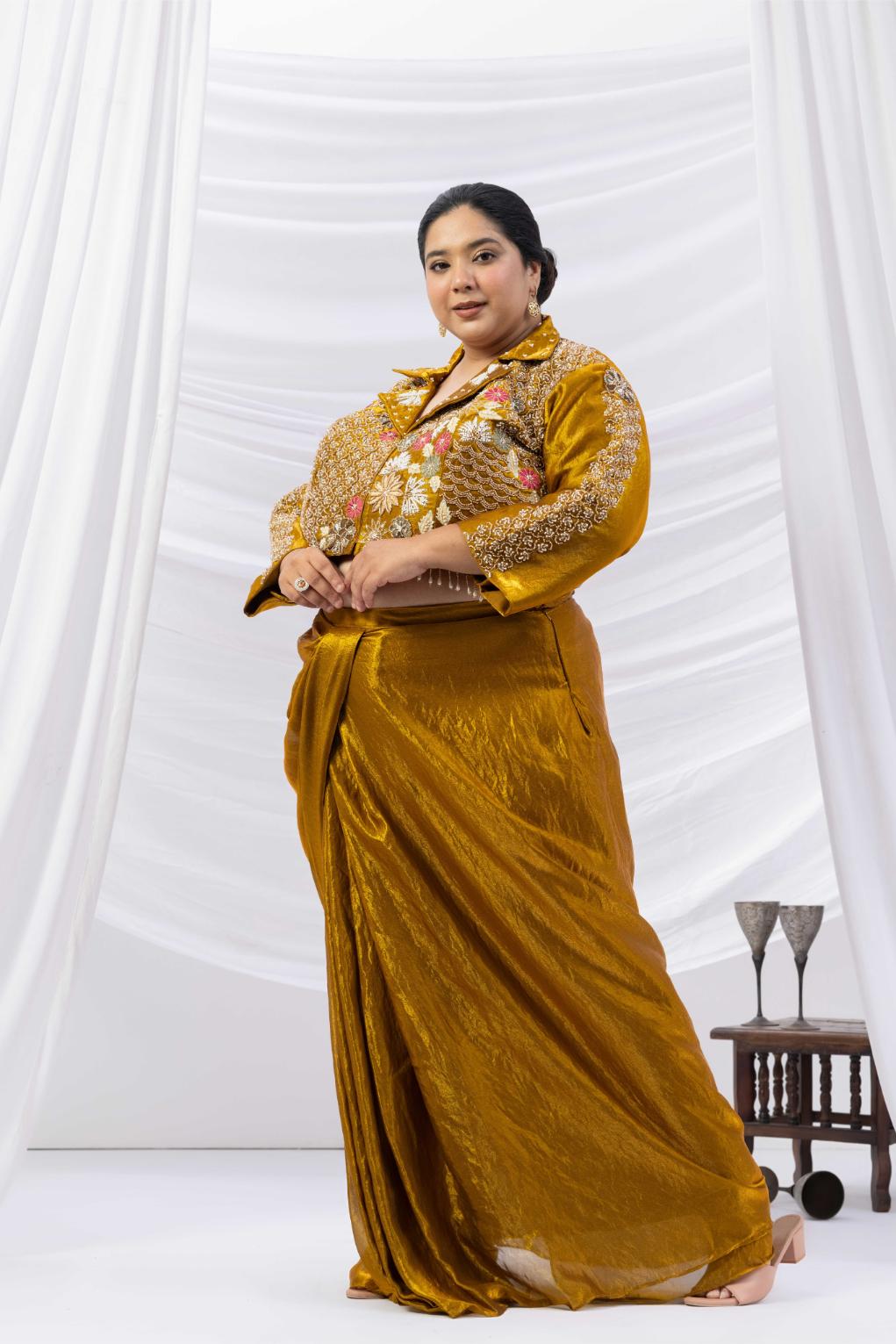 Bronze Gold Fusion Skirt Set with Hand Embroidered Jacket Blouse