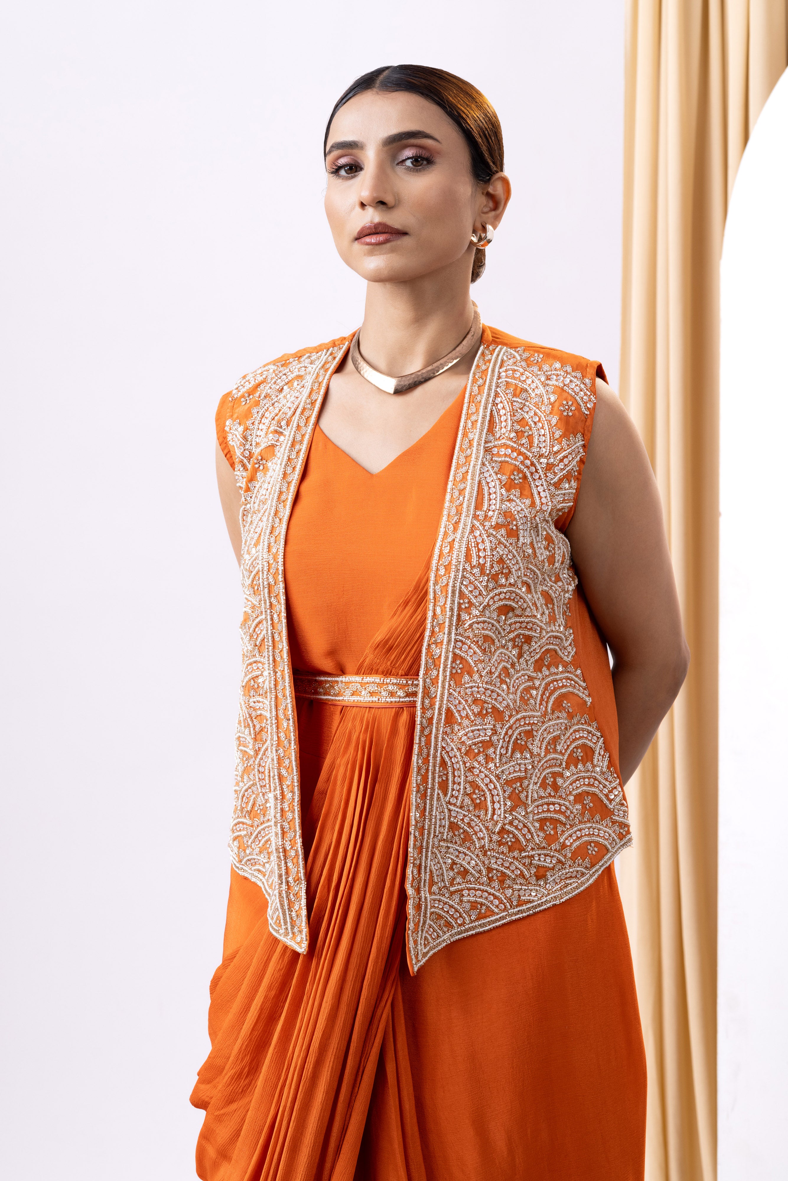 Orange Dhoti Style Gown with Embroidered Jacket