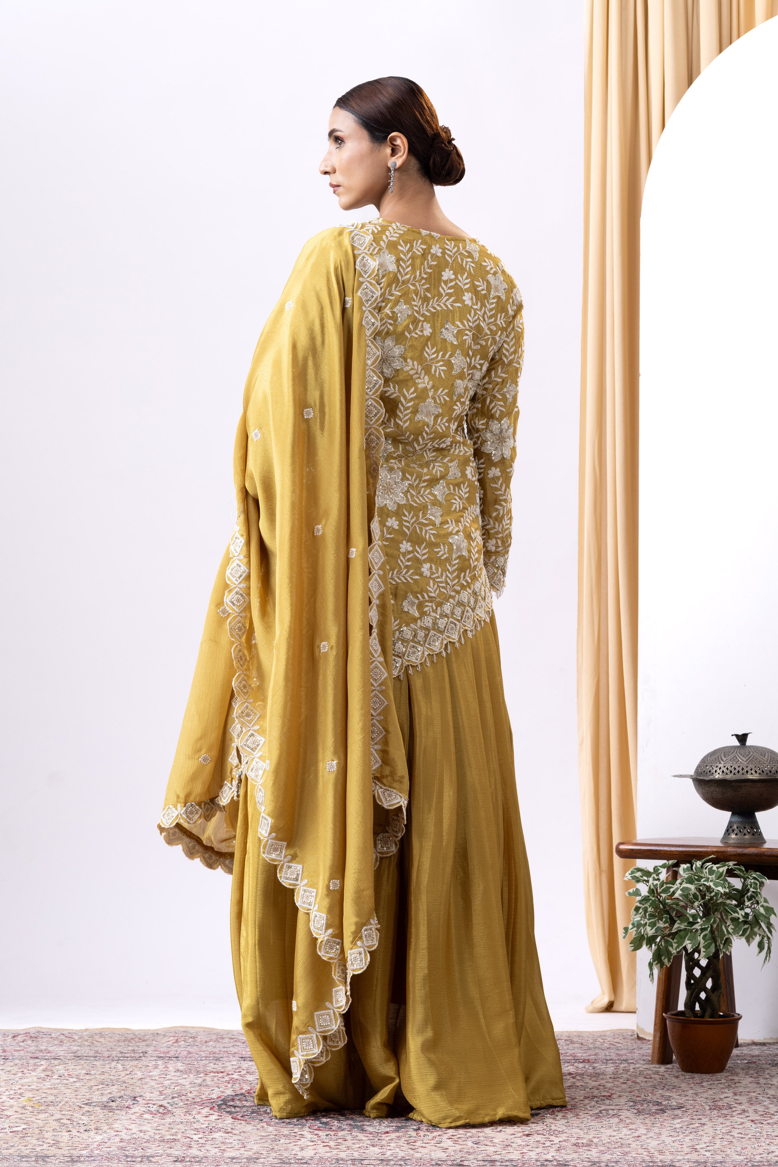 Mustard yellow Hand embroidered lehnga set