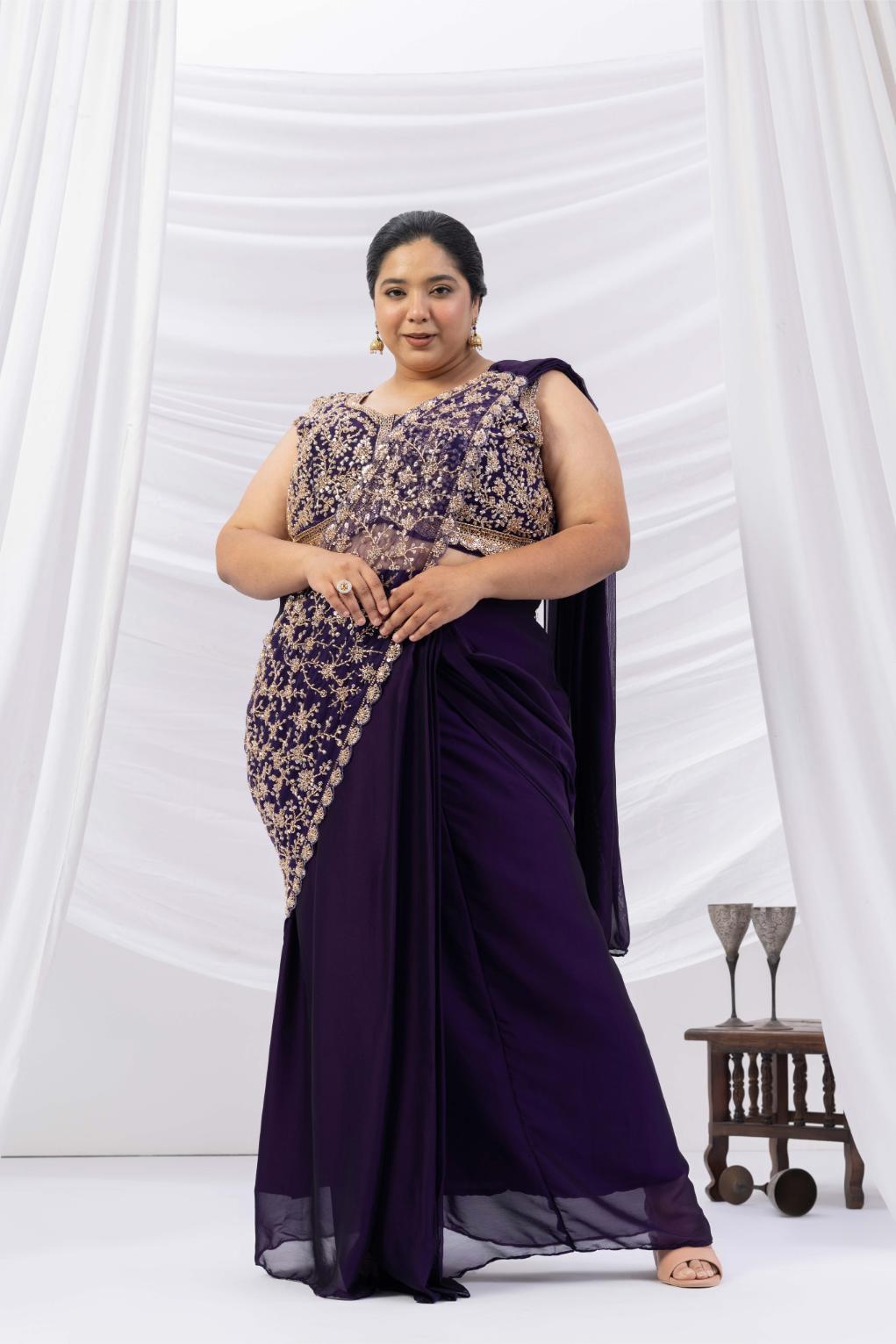 Midnight Purple Embroidered Drape Saree Set