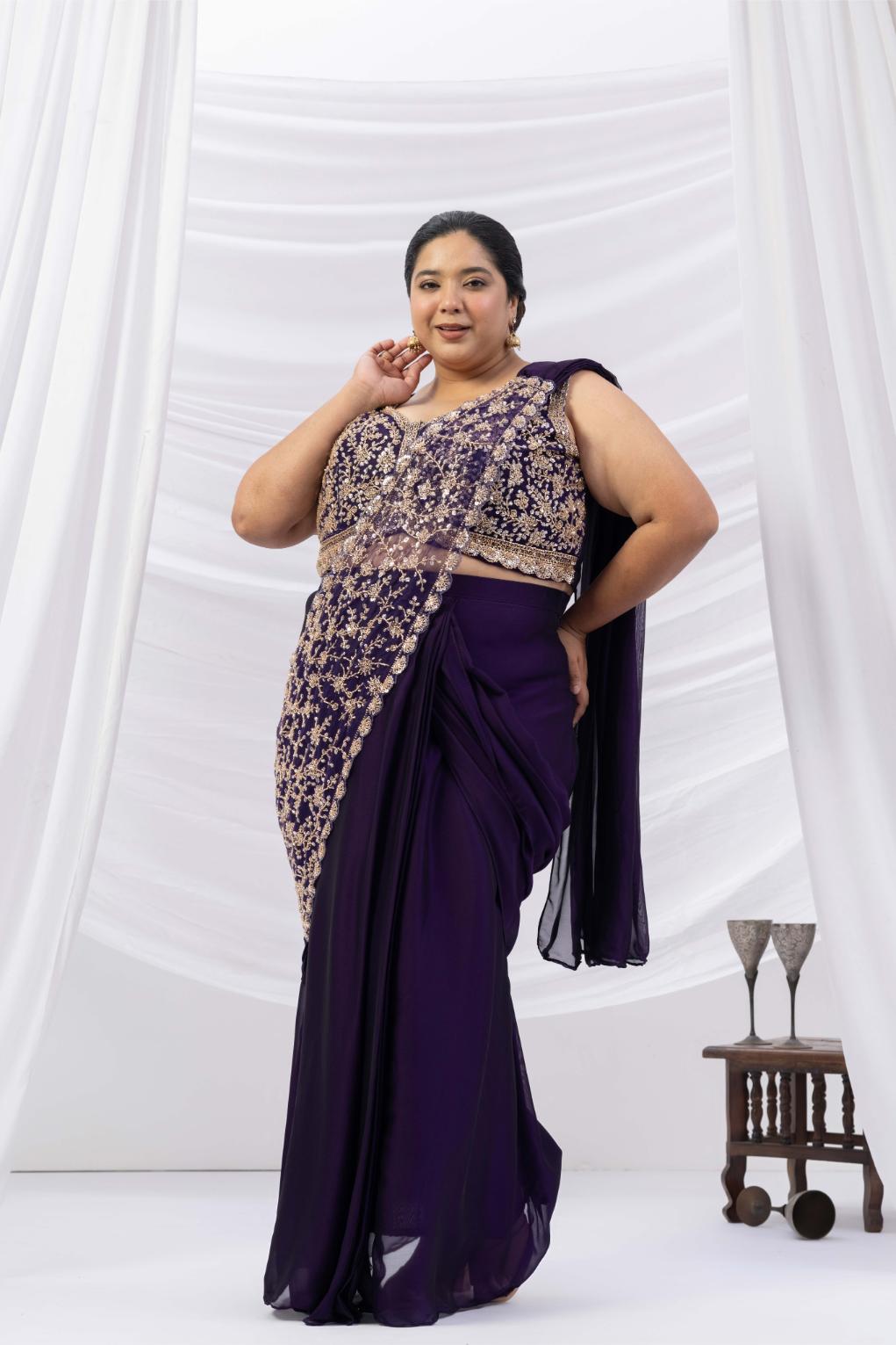 Midnight Purple Embroidered Drape Saree Set