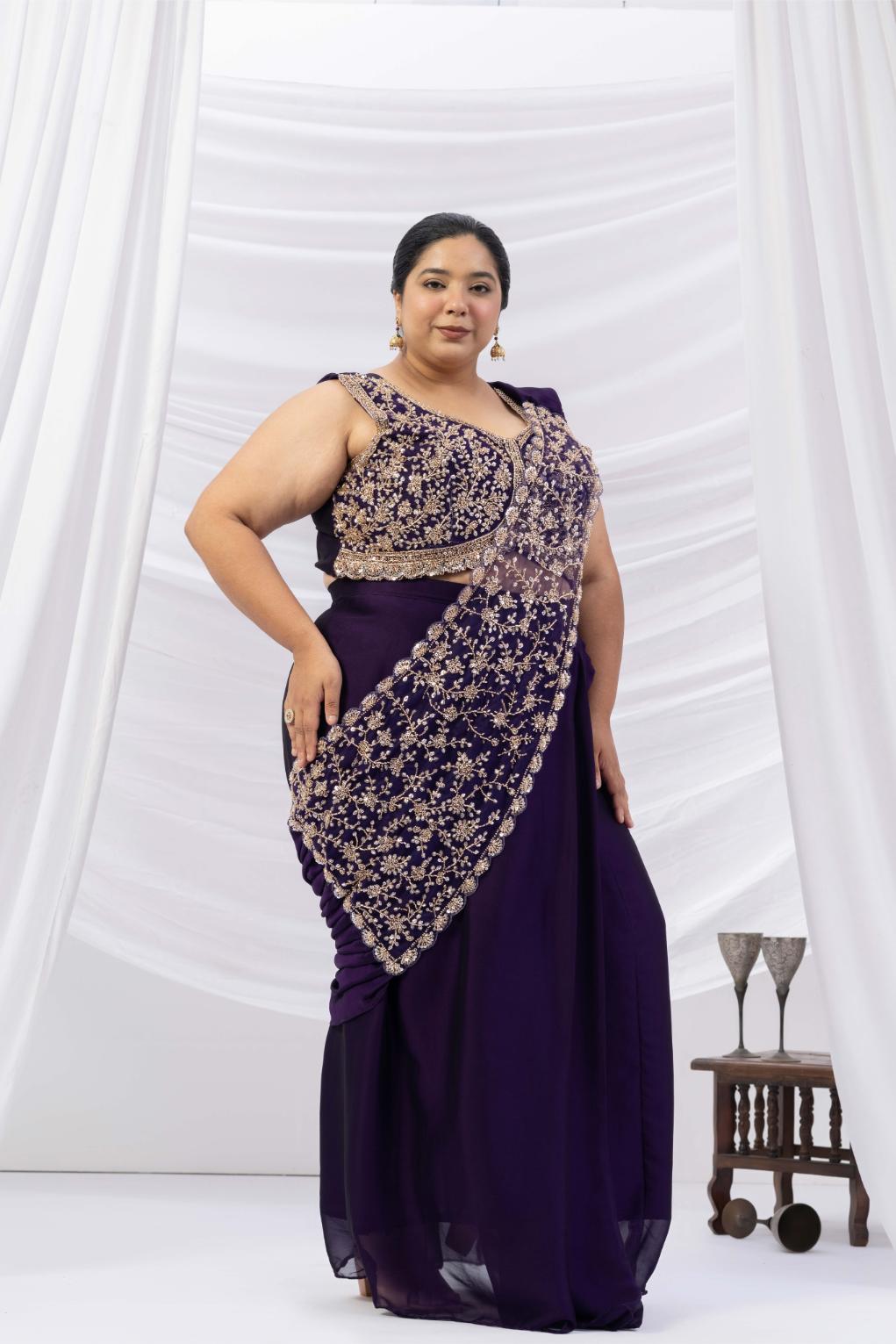 Midnight Purple Embroidered Drape Saree Set