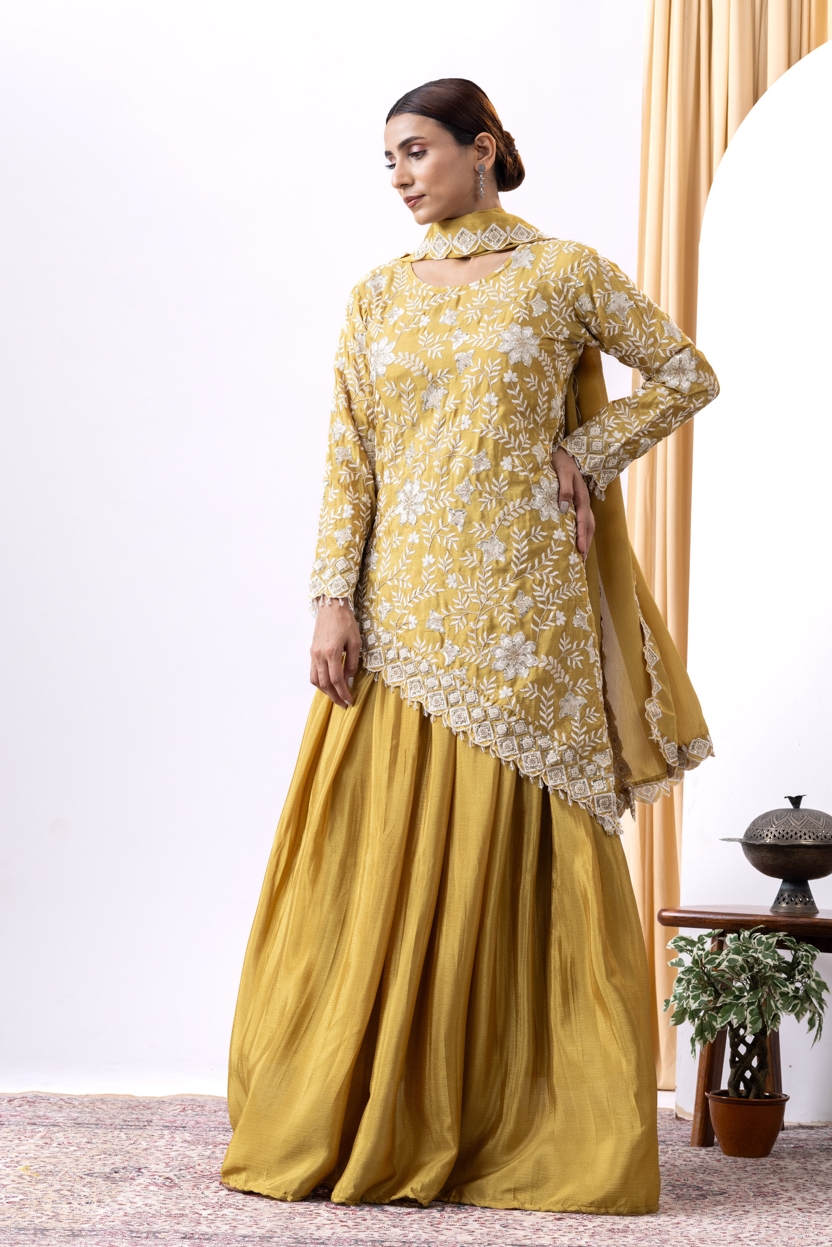 Mustard yellow Hand embroidered lehnga set