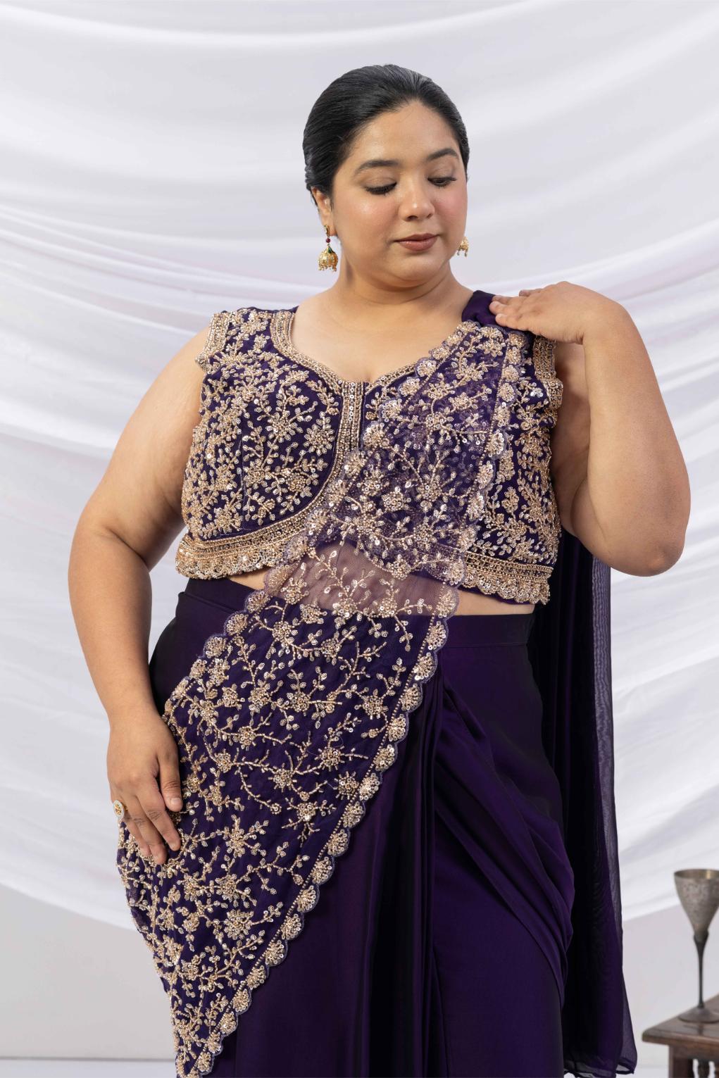 Midnight Purple Embroidered Drape Saree Set