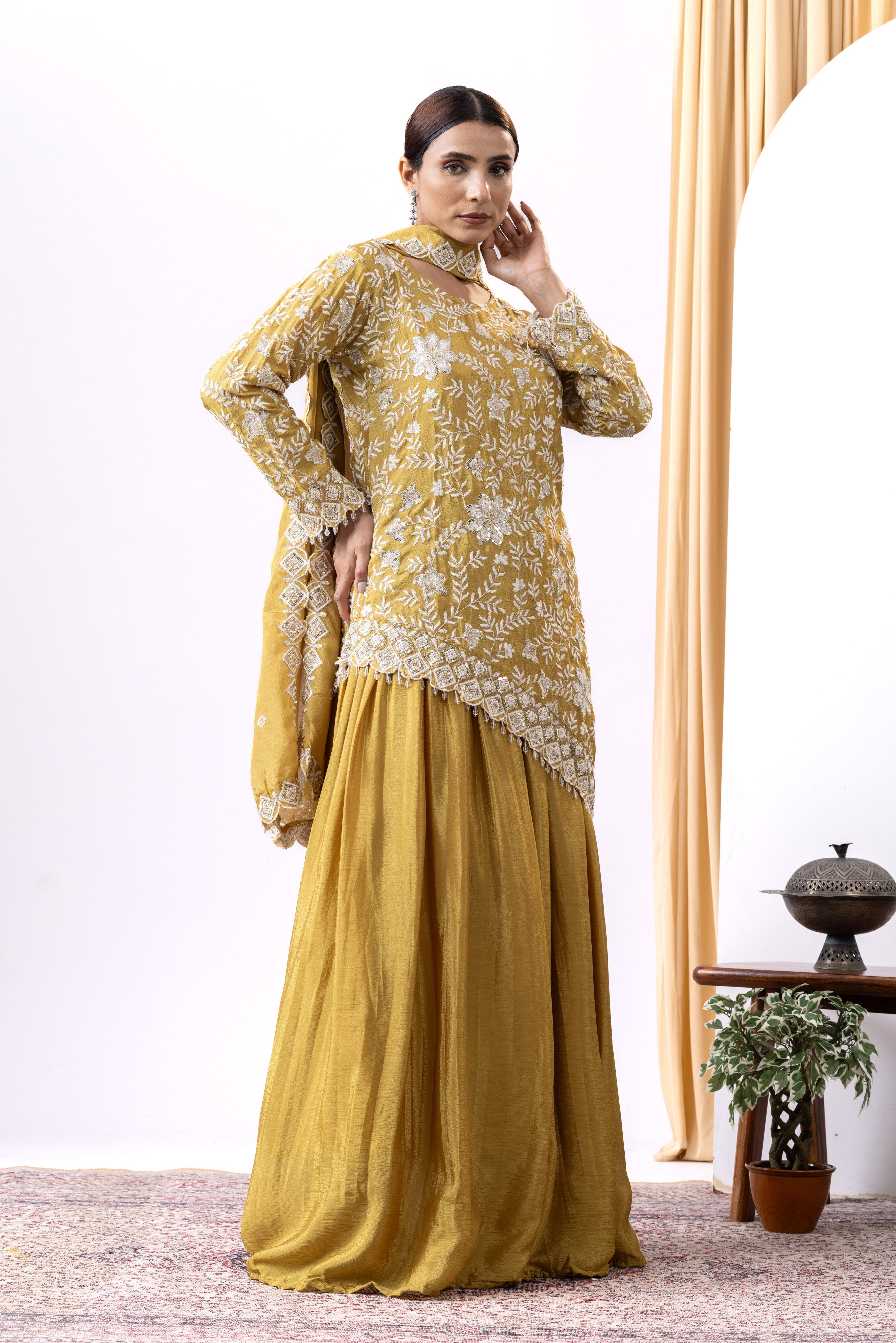 Mustard yellow Hand embroidered lehnga set