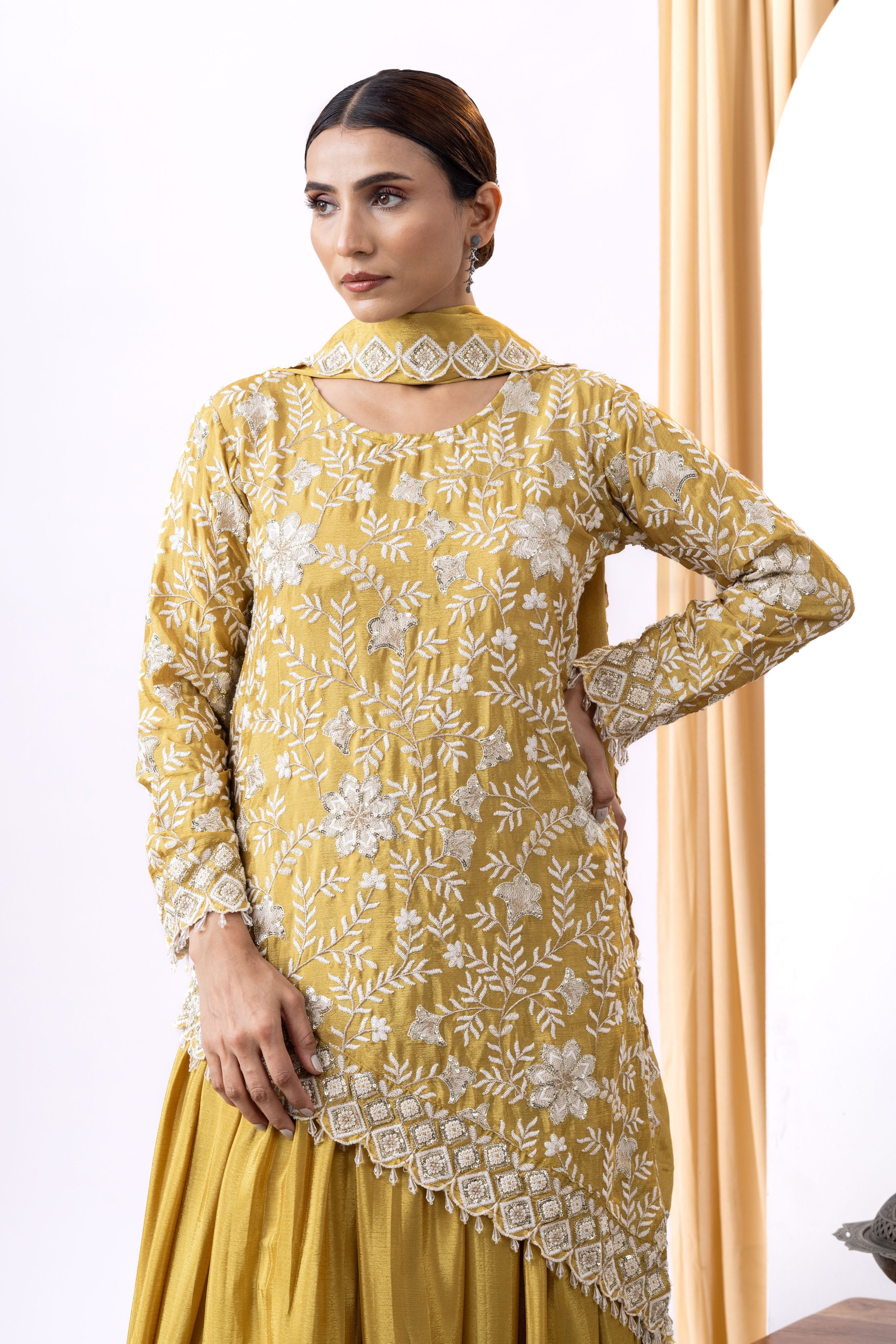 Mustard yellow Hand embroidered lehnga set