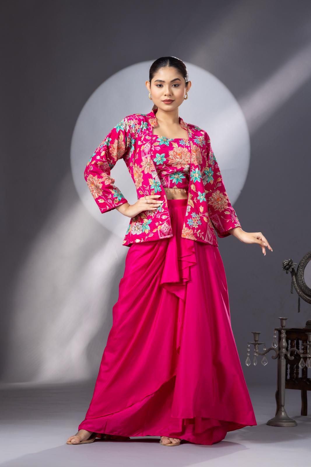 Magenta Pink Dhoti Skirt with Embroidered Top & Full Sleeves Jacket