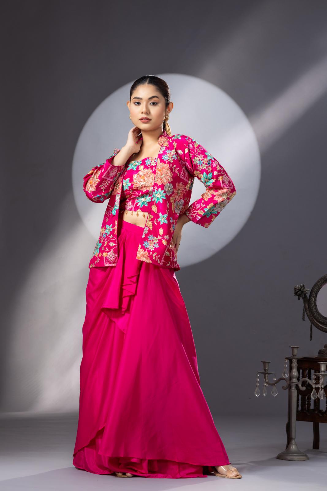 Magenta Pink Dhoti Skirt with Embroidered Top & Full Sleeves Jacket