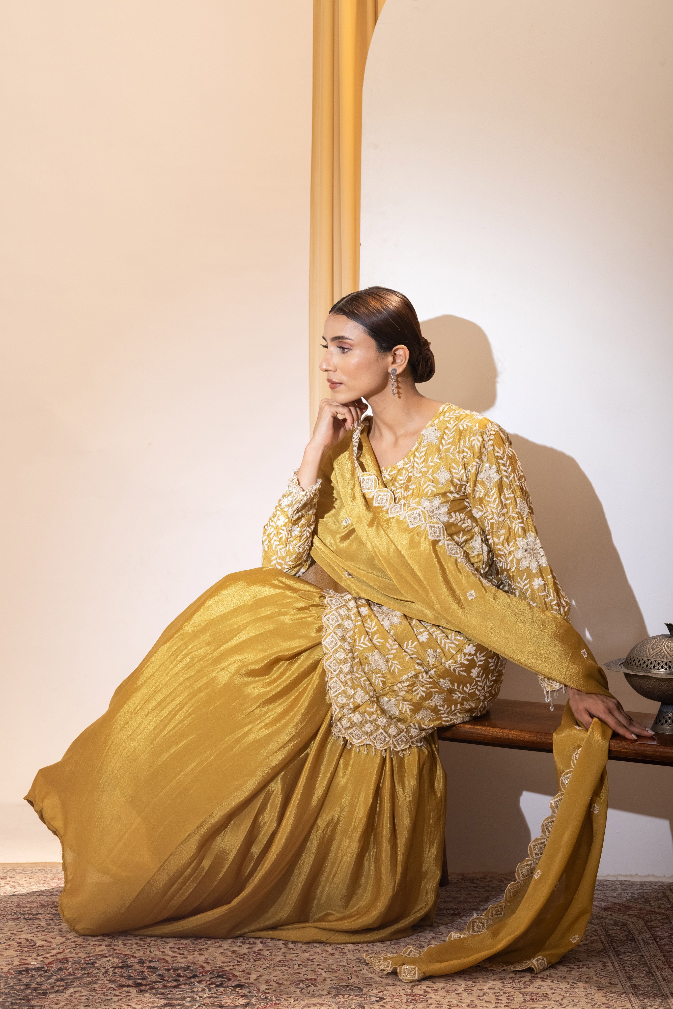 Mustard yellow Hand embroidered lehnga set