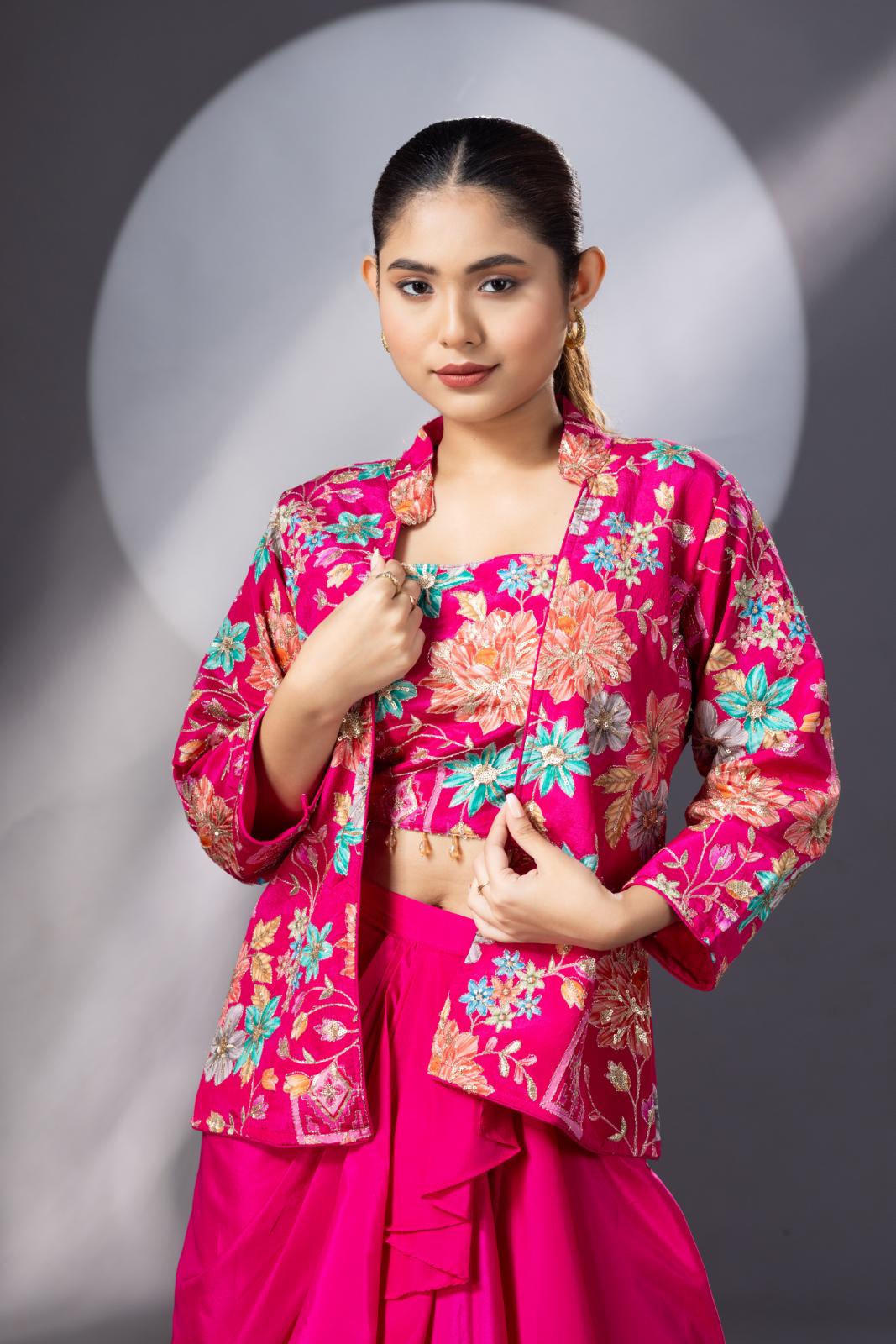 Magenta Pink Dhoti Skirt with Embroidered Top & Full Sleeves Jacket
