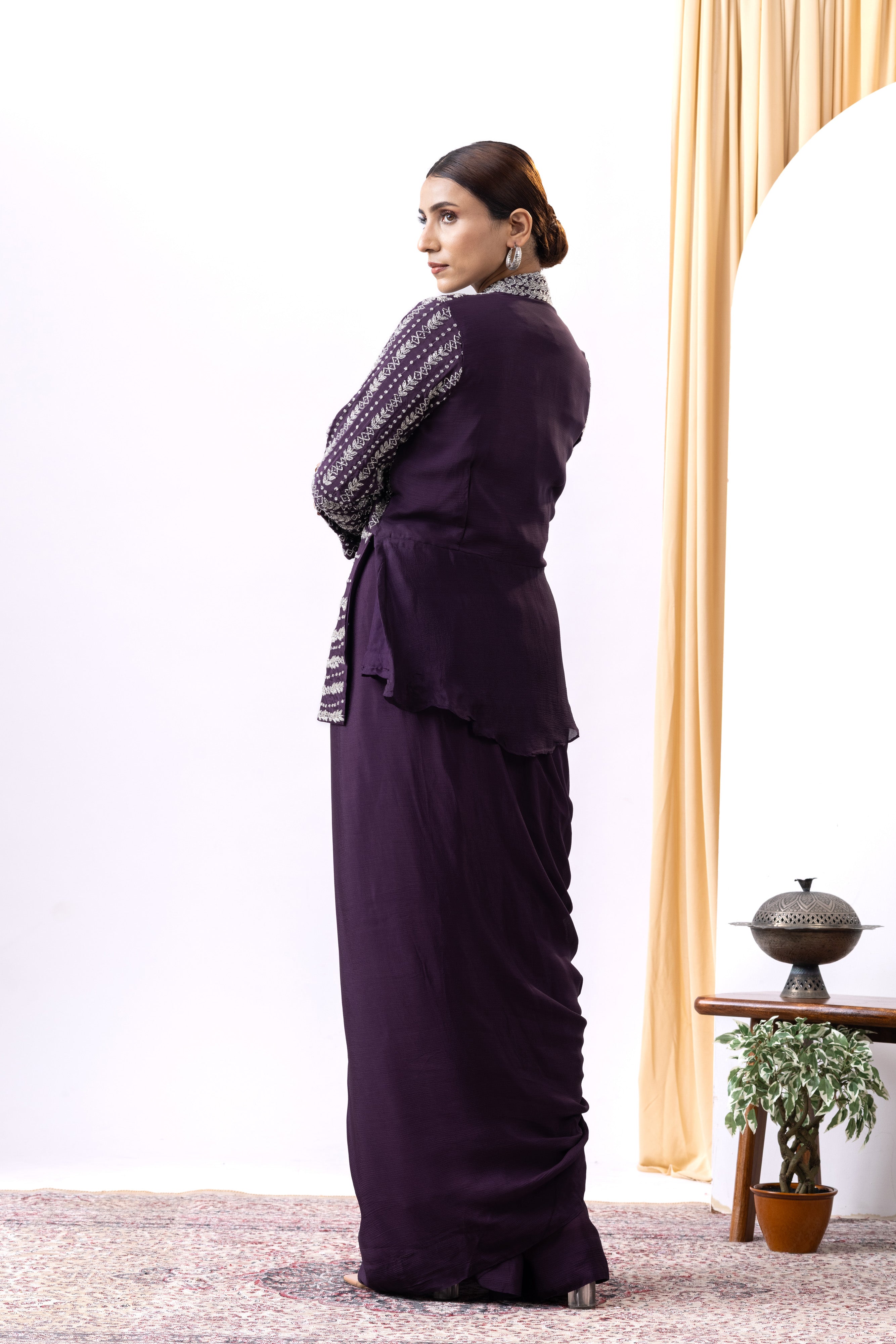 Wine Draped Gown with Embellished Handwork Jacket