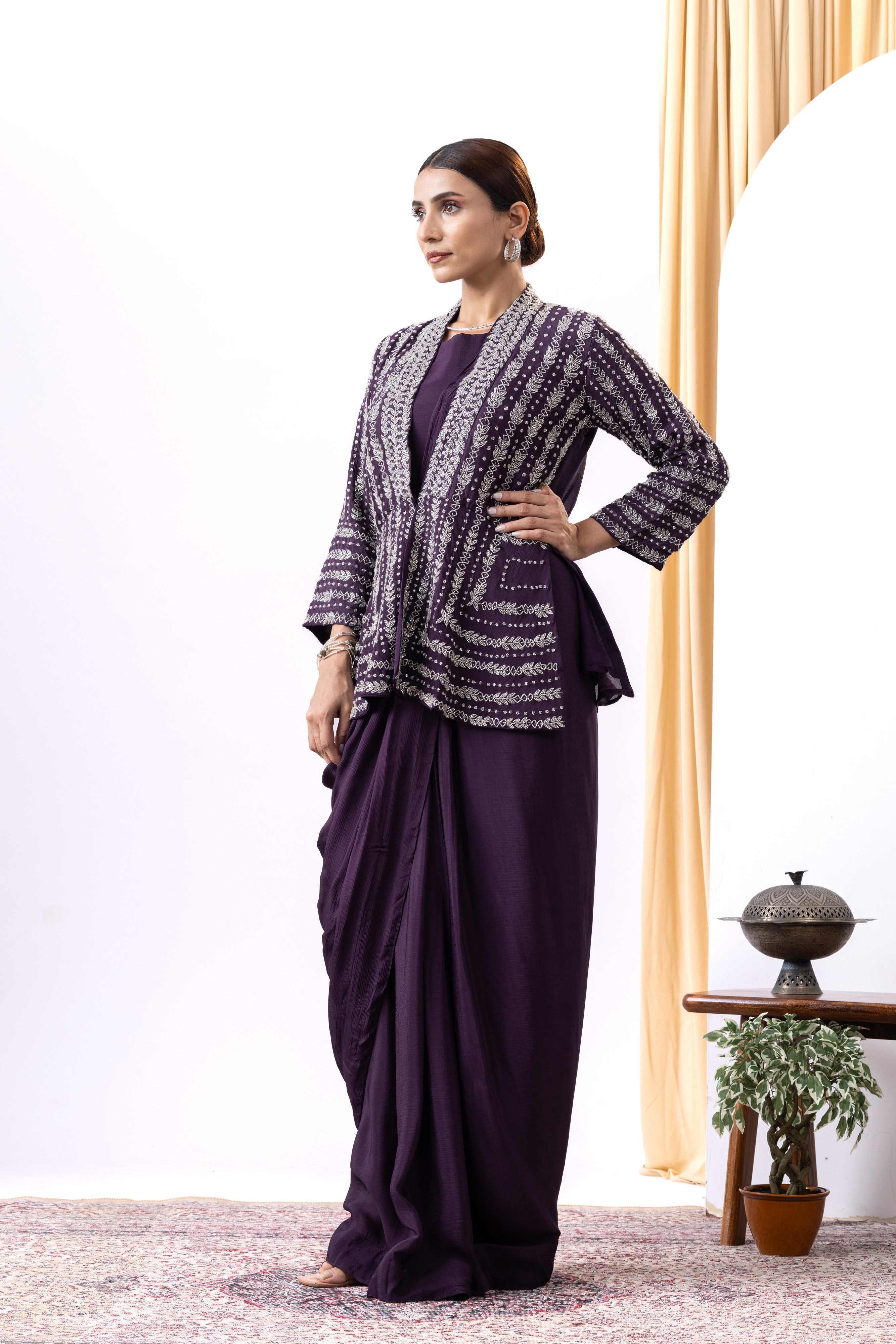 Wine Draped Gown with Embellished Handwork Jacket