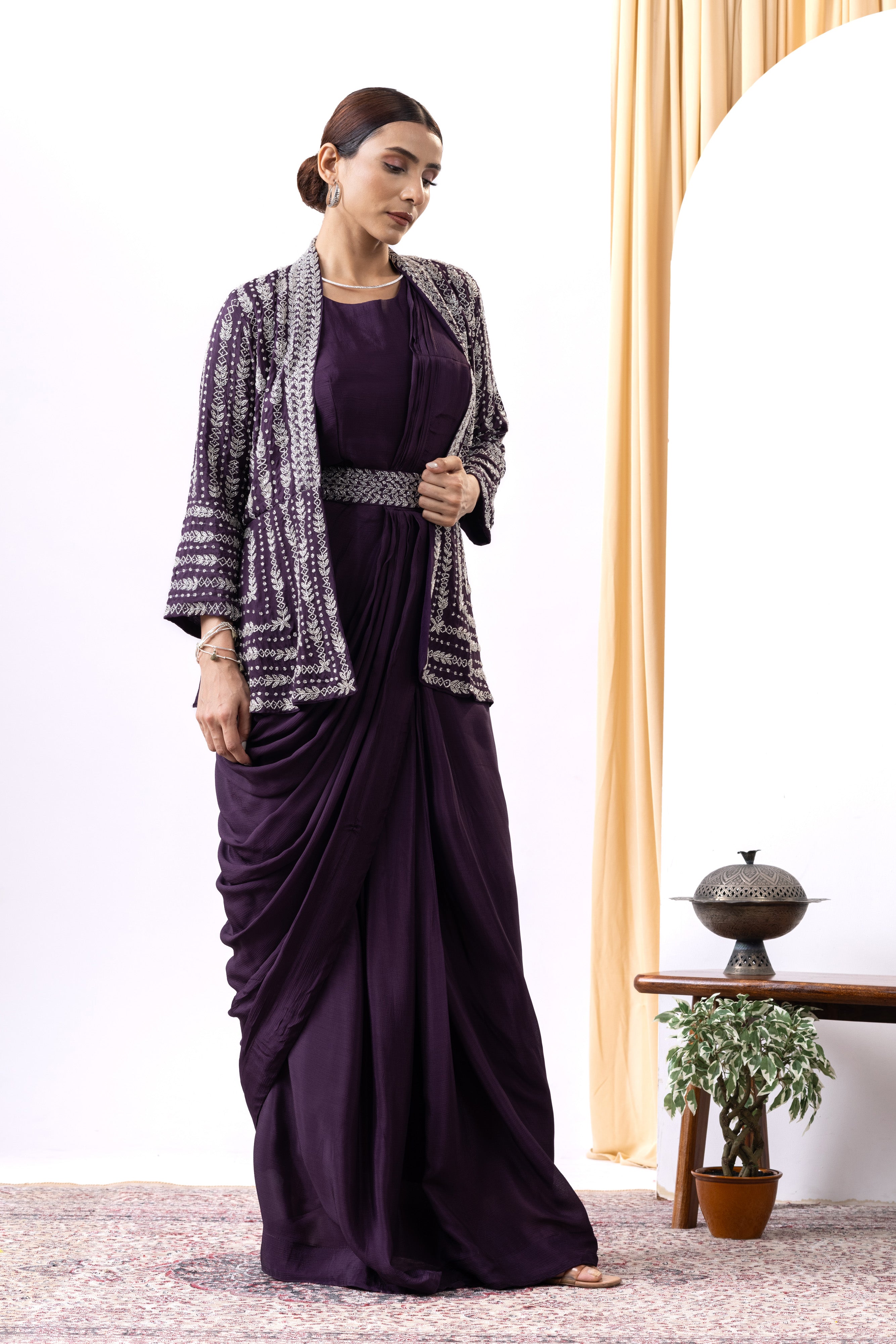 Wine Draped Gown with Embellished Handwork Jacket