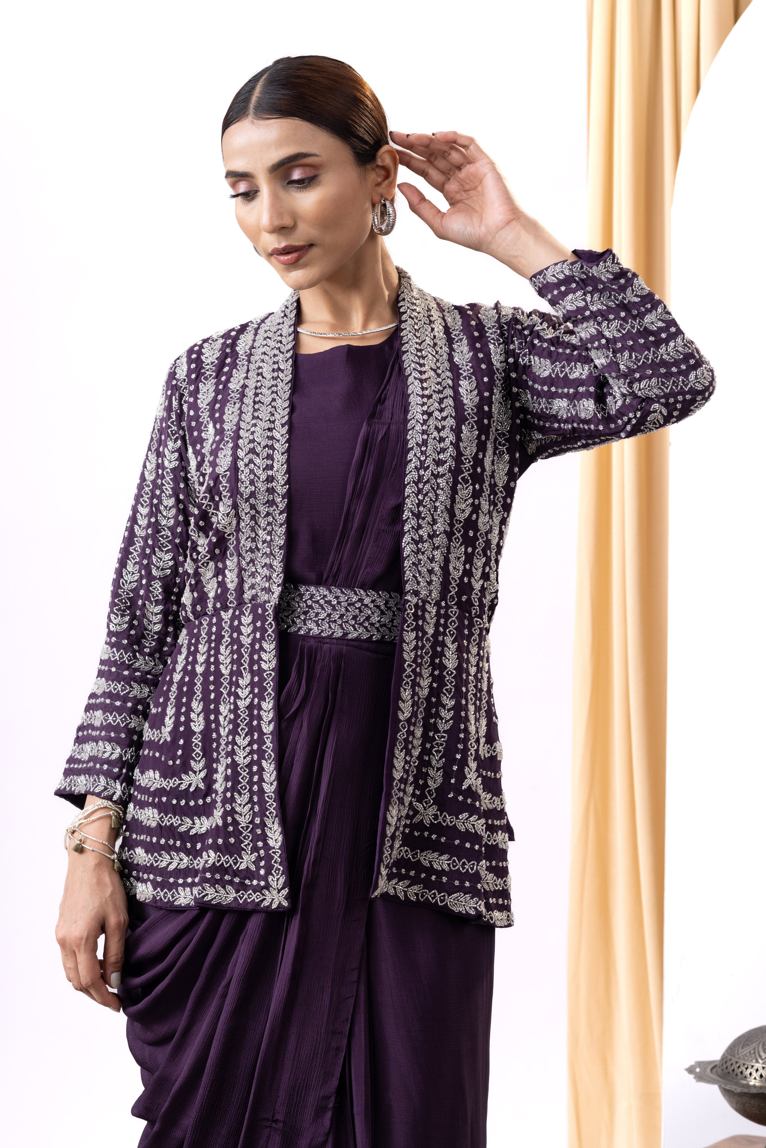 Wine Draped Gown with Embellished Handwork Jacket