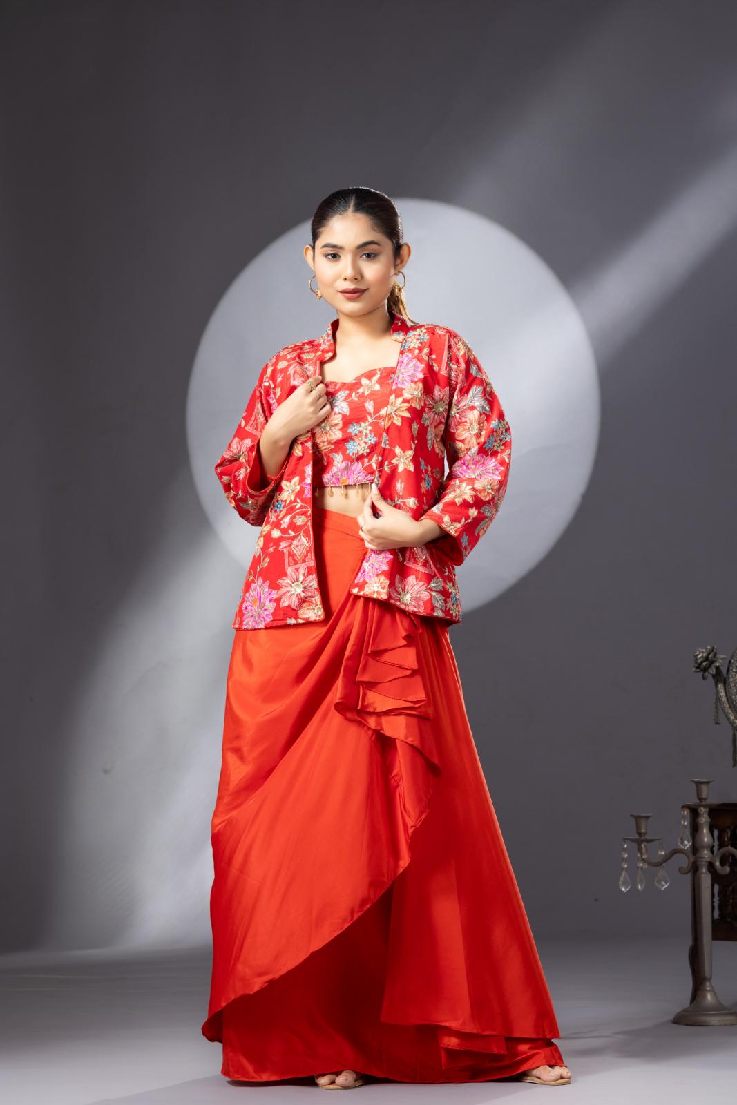 Blossom Orange Dhoti Skirt with Embroidered Top & Full Sleeves Jacket