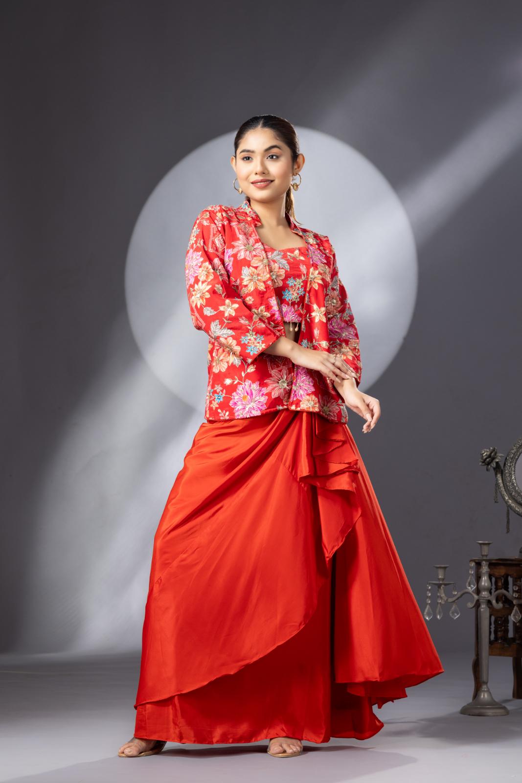 Blossom Orange Dhoti Skirt with Embroidered Top & Full Sleeves Jacket