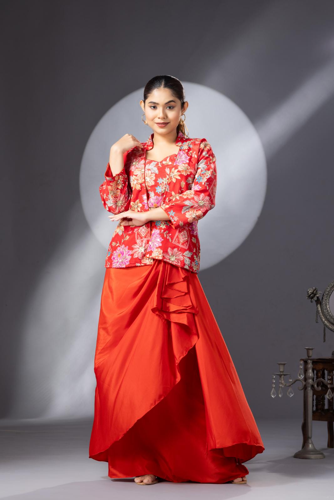 Blossom Orange Dhoti Skirt with Embroidered Top & Full Sleeves Jacket