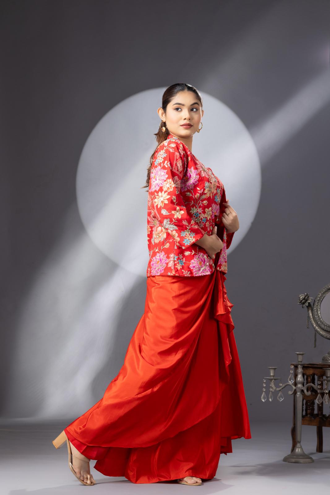 Blossom Orange Dhoti Skirt with Embroidered Top & Full Sleeves Jacket