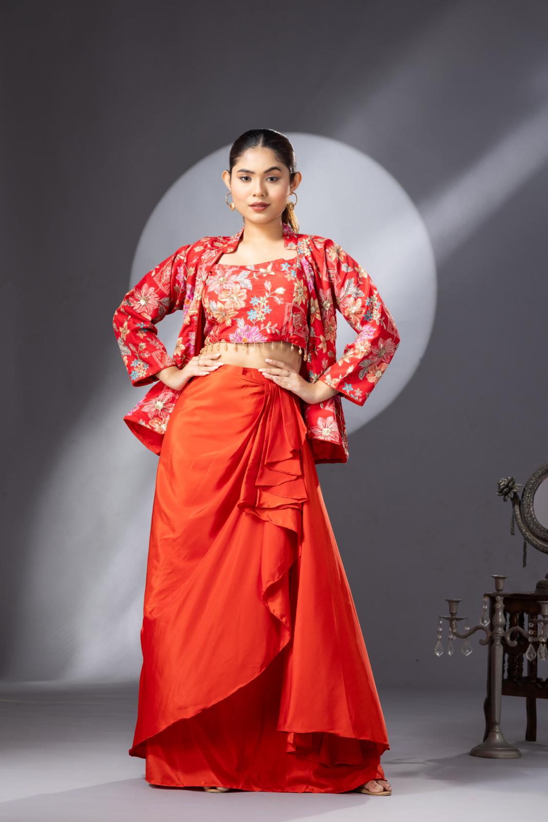Blossom Orange Dhoti Skirt with Embroidered Top & Full Sleeves Jacket