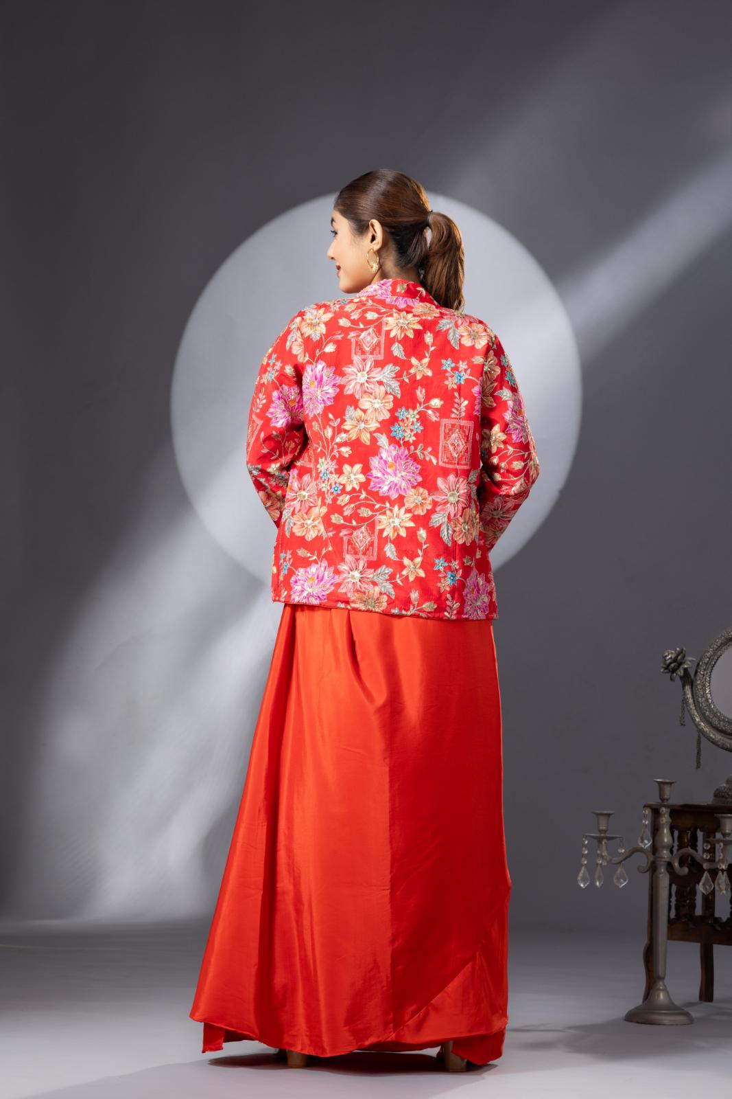 Blossom Orange Dhoti Skirt with Embroidered Top & Full Sleeves Jacket