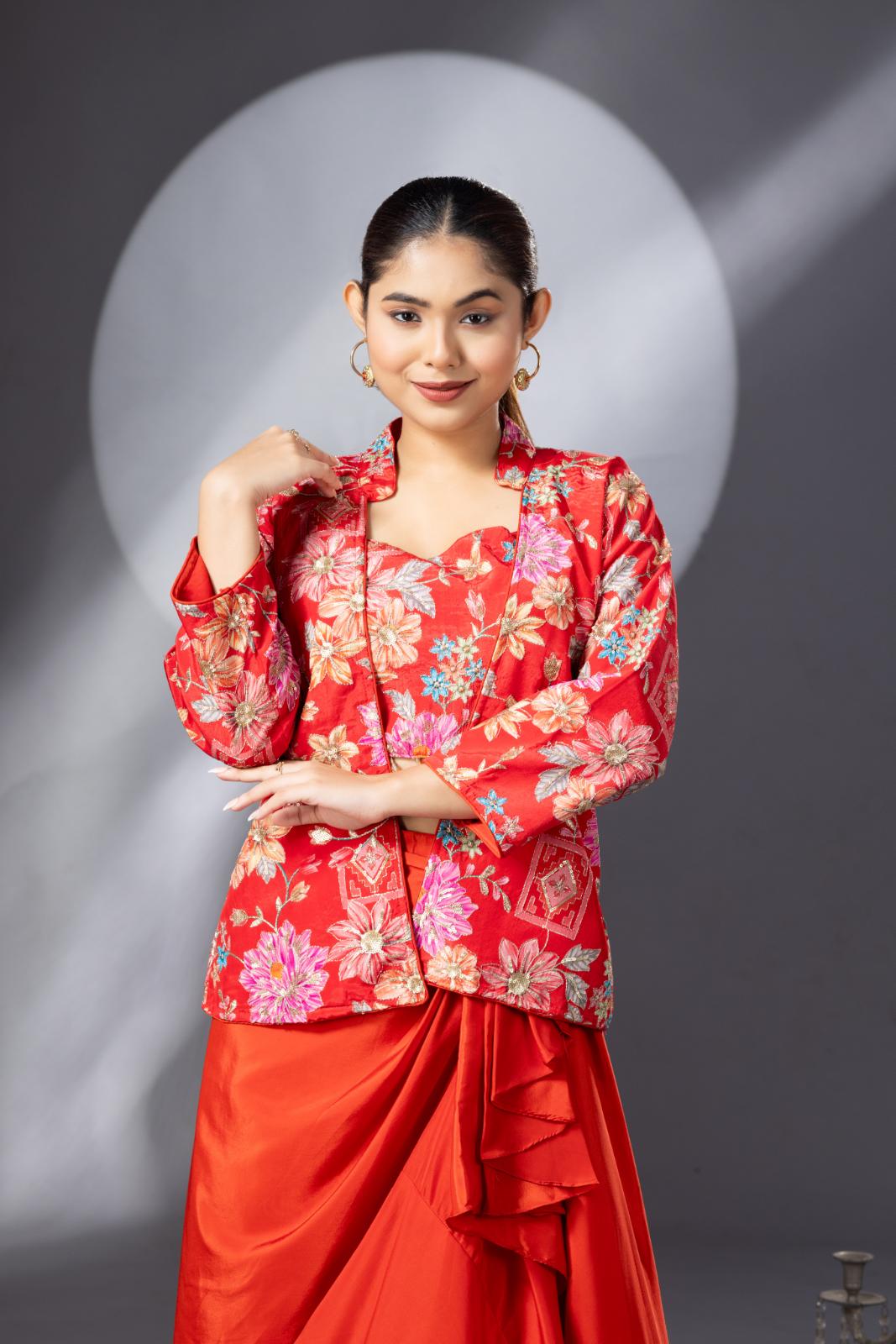 Blossom Orange Dhoti Skirt with Embroidered Top & Full Sleeves Jacket