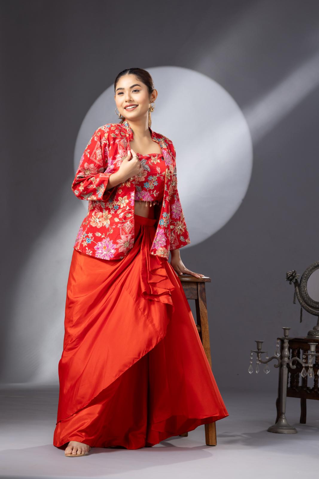 Blossom Orange Dhoti Skirt with Embroidered Top & Full Sleeves Jacket