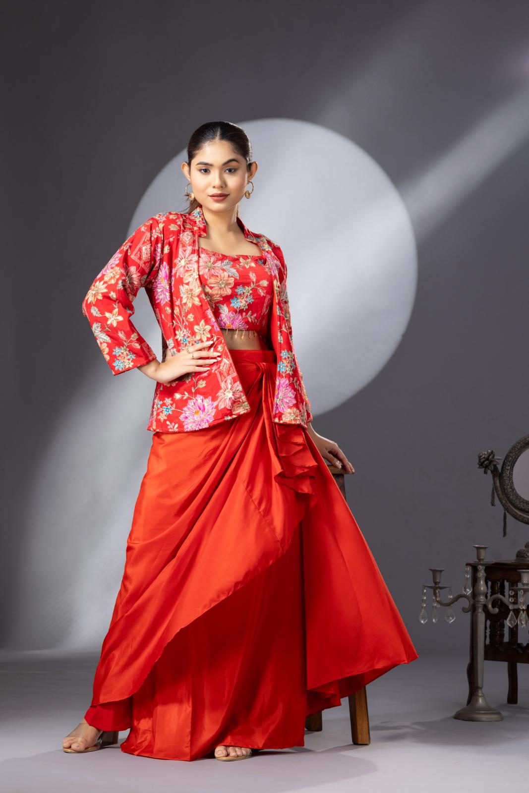 Blossom Orange Dhoti Skirt with Embroidered Top & Full Sleeves Jacket