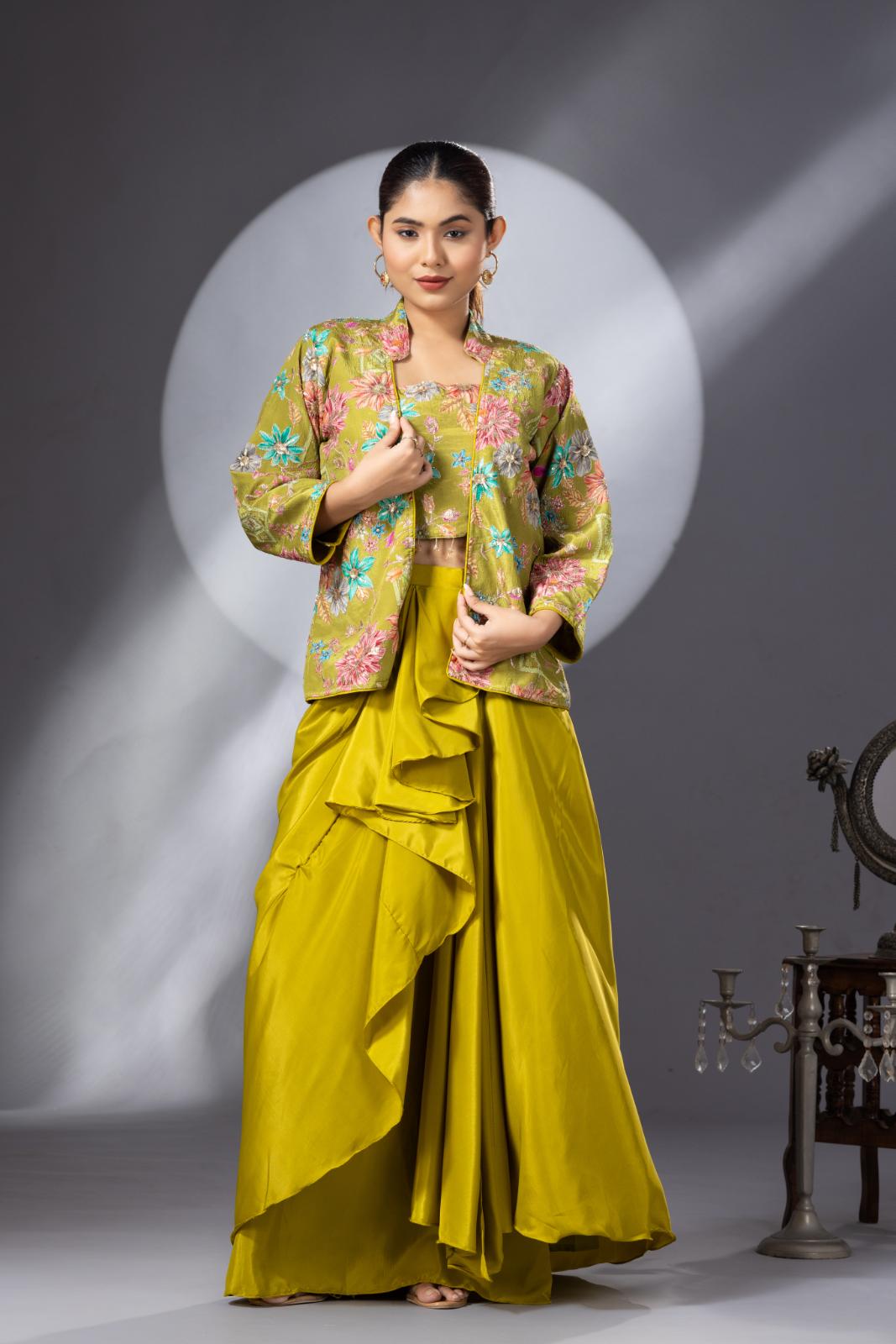 Green Dhoti Skirt with Embroidered Top & Full Sleeves Jacket
