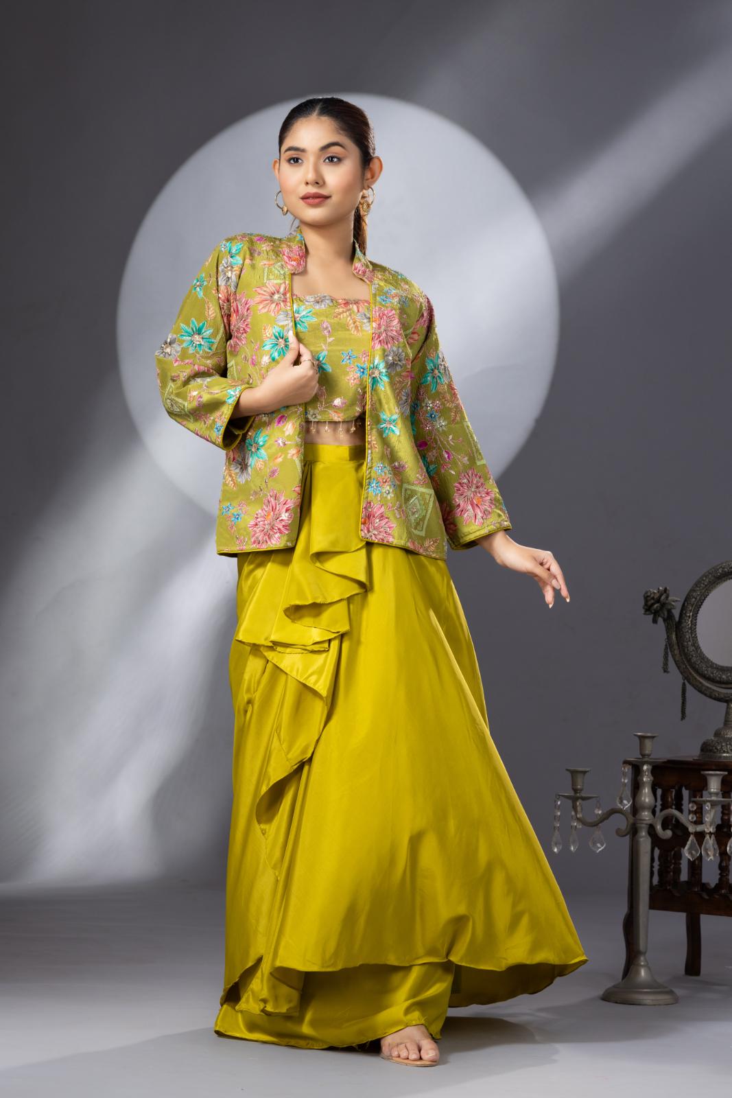 Green Dhoti Skirt with Embroidered Top & Full Sleeves Jacket