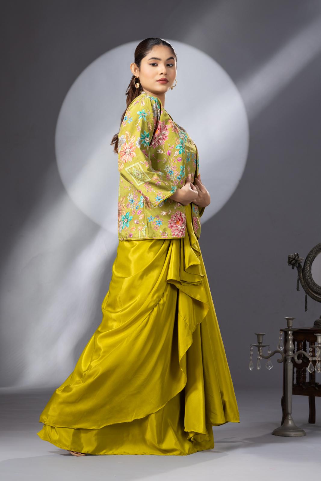 Green Dhoti Skirt with Embroidered Top & Full Sleeves Jacket