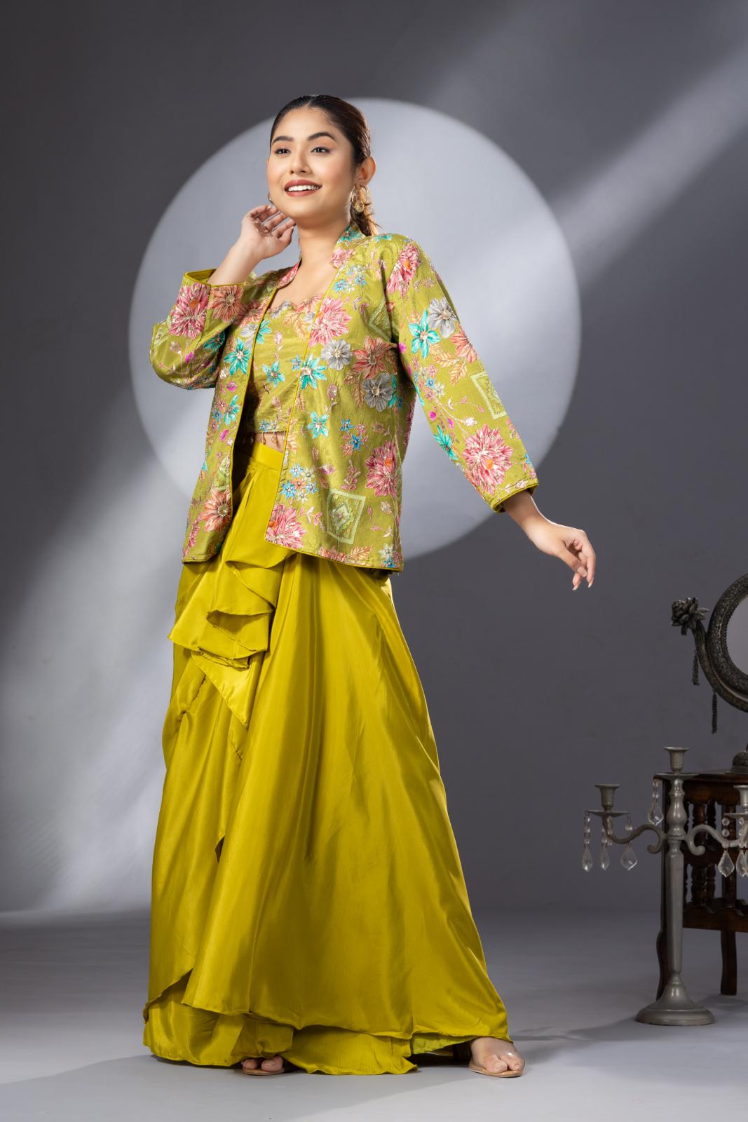 Green Dhoti Skirt with Embroidered Top & Full Sleeves Jacket