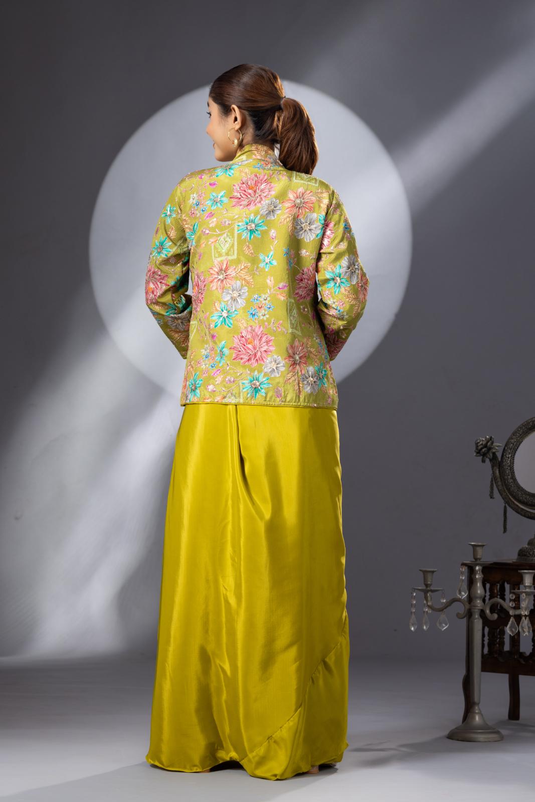 Green Dhoti Skirt with Embroidered Top & Full Sleeves Jacket