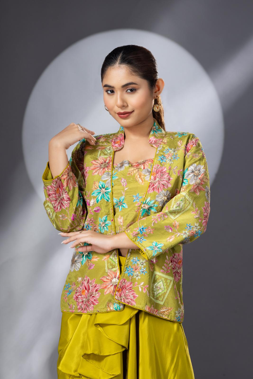 Green Dhoti Skirt with Embroidered Top & Full Sleeves Jacket