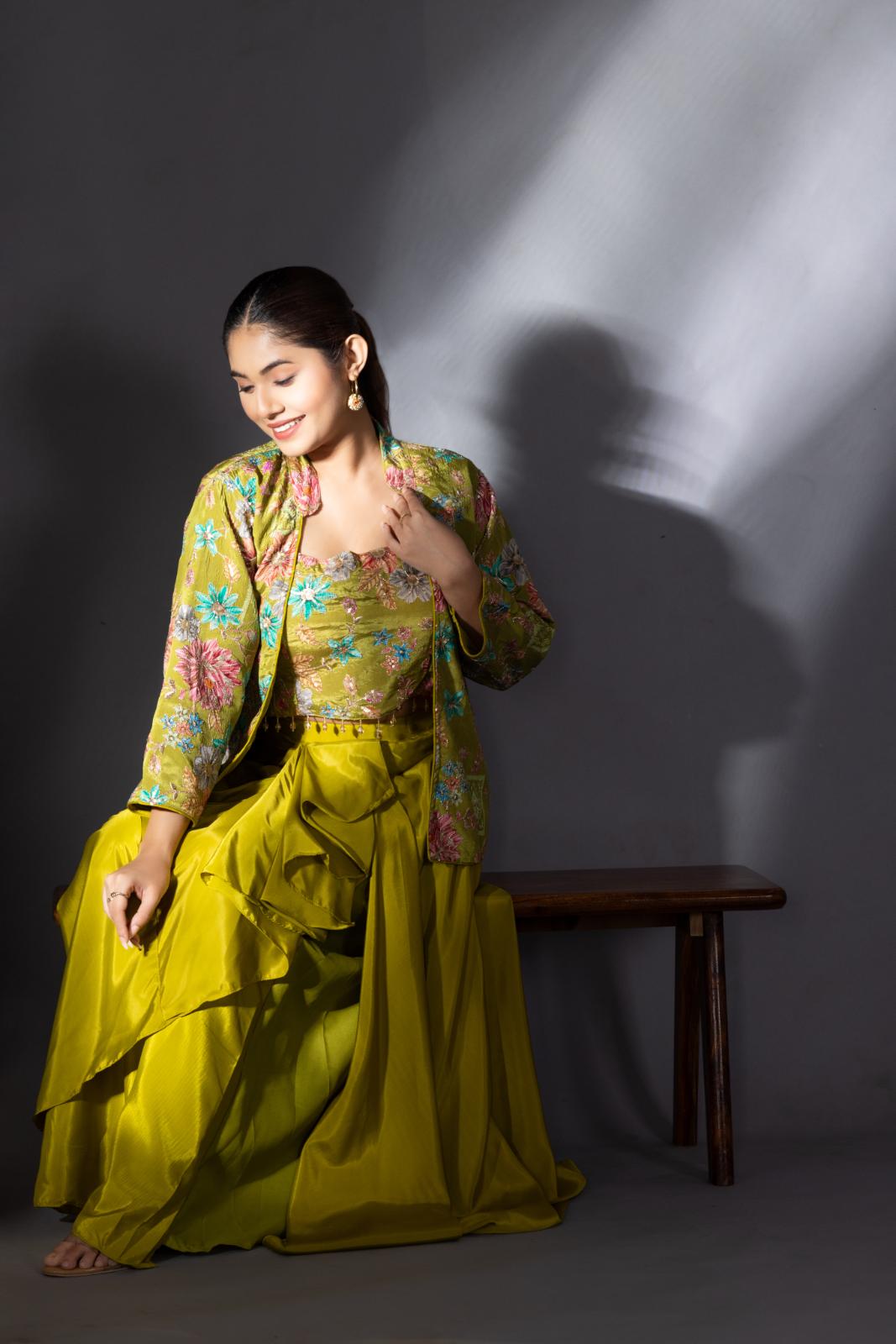 Green Dhoti Skirt with Embroidered Top & Full Sleeves Jacket