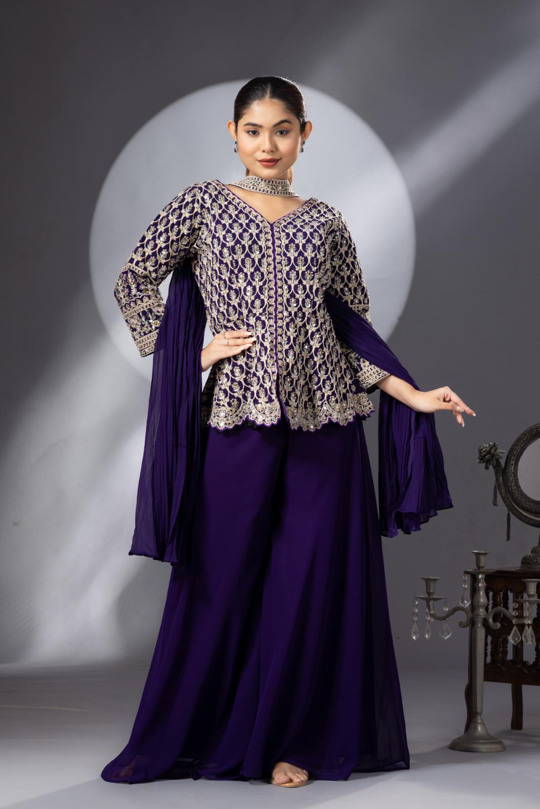 Purple Sharara with Full Embroidered Top & Choker Dupatta