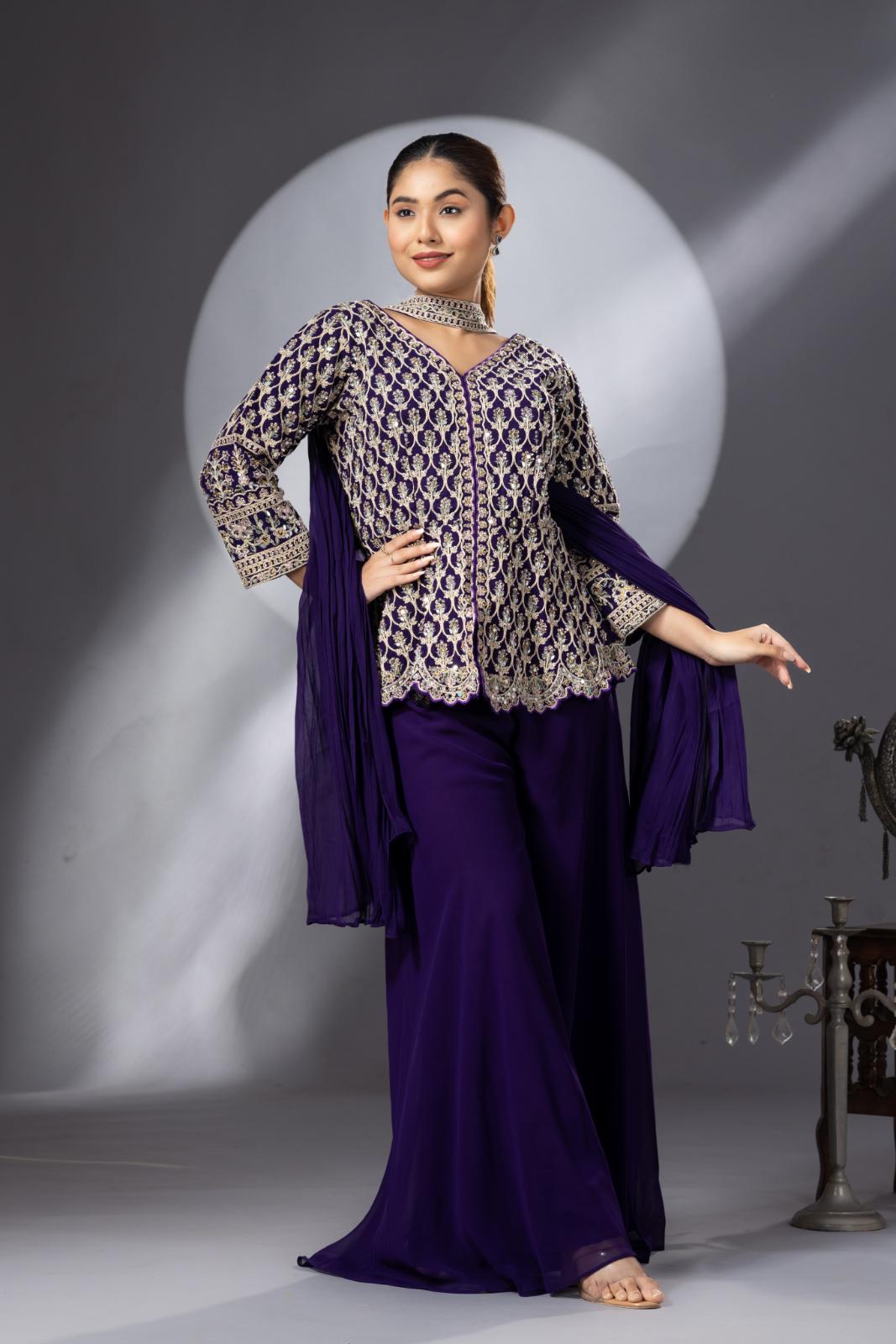 Purple Sharara with Full Embroidered Top & Choker Dupatta