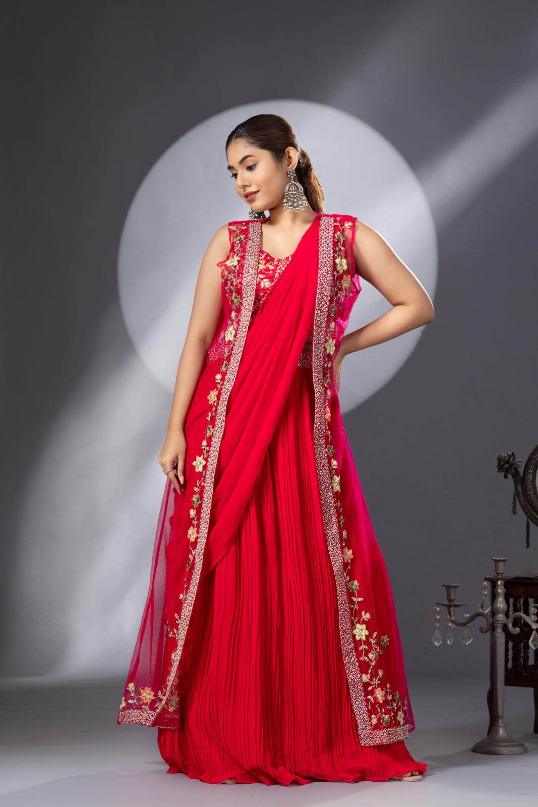 Hot Pink Georgette Draped Jacket Saree Set – Uniqstree