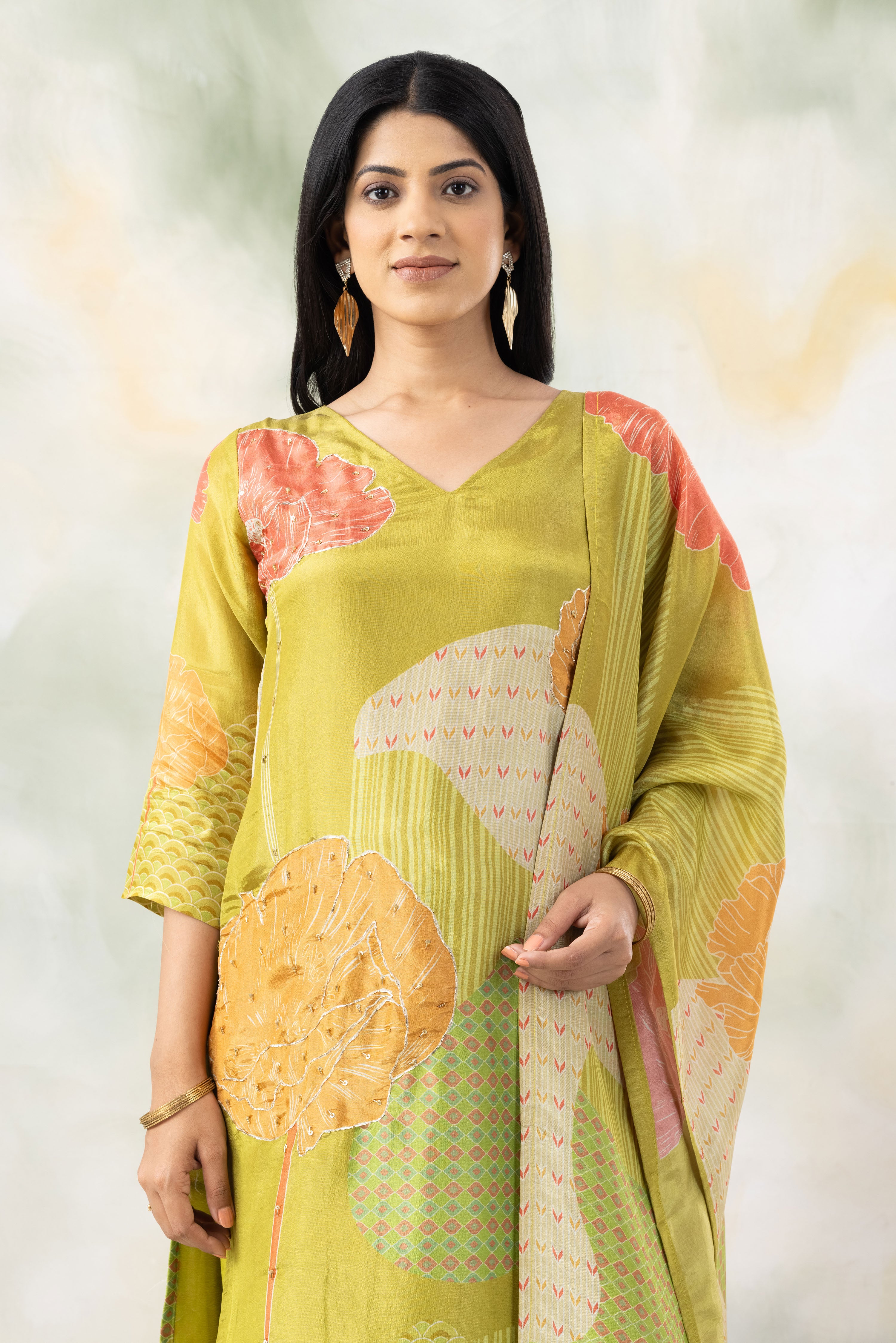 Green Floral Kurta With Trousers and Dupatta