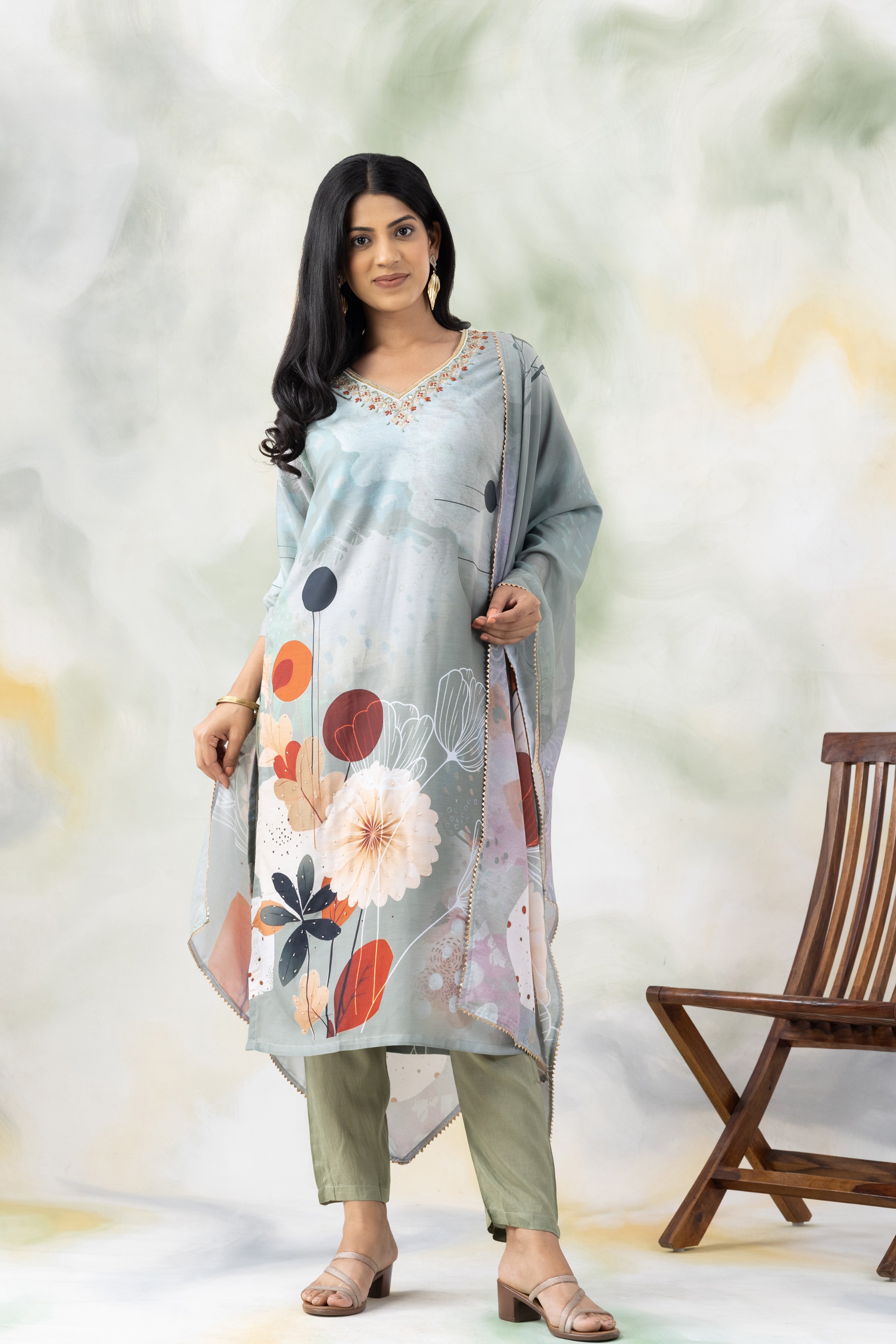 Floral Print Straight Kurta with Pants & Dupatta