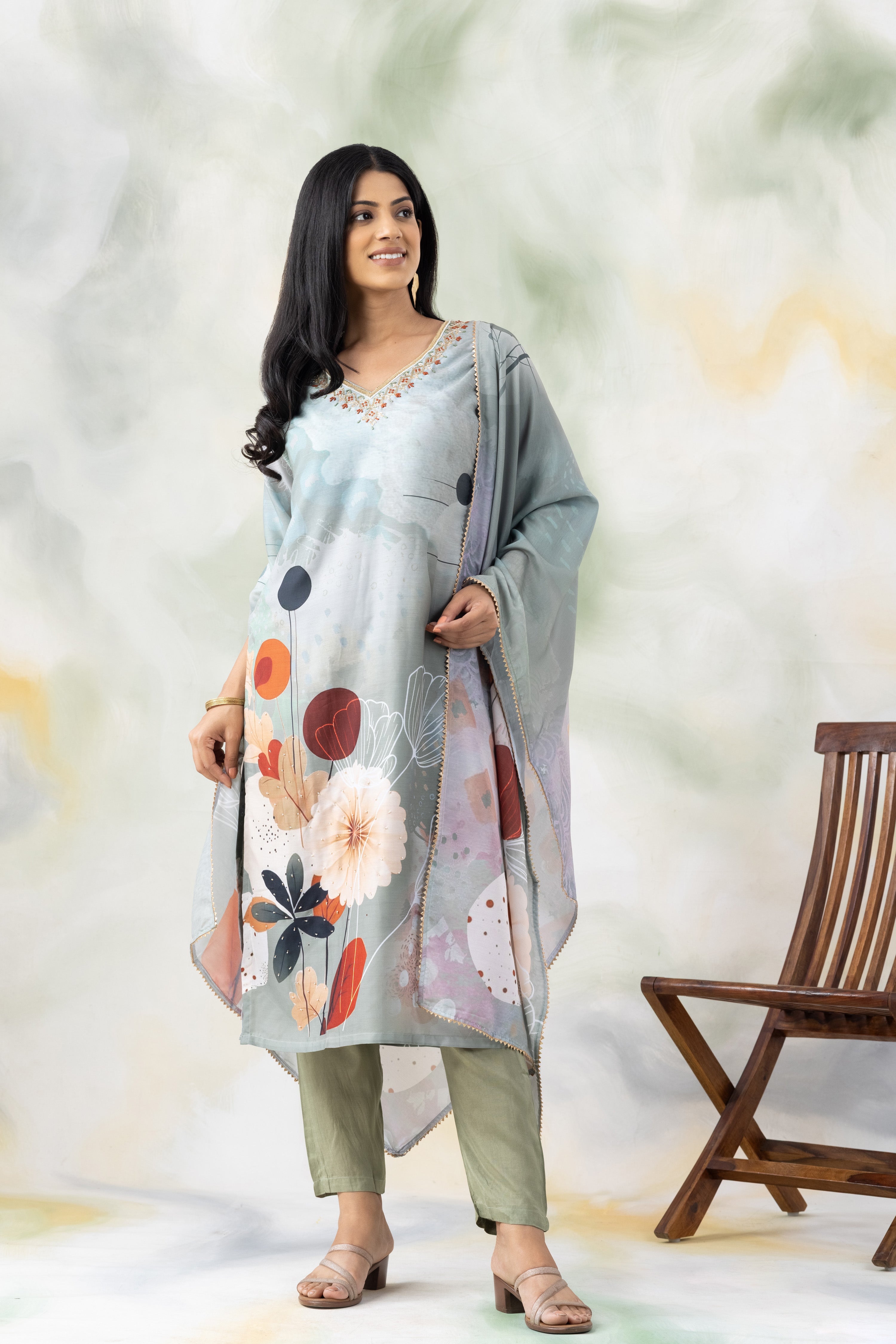Floral Print Straight Kurta with Pants & Dupatta
