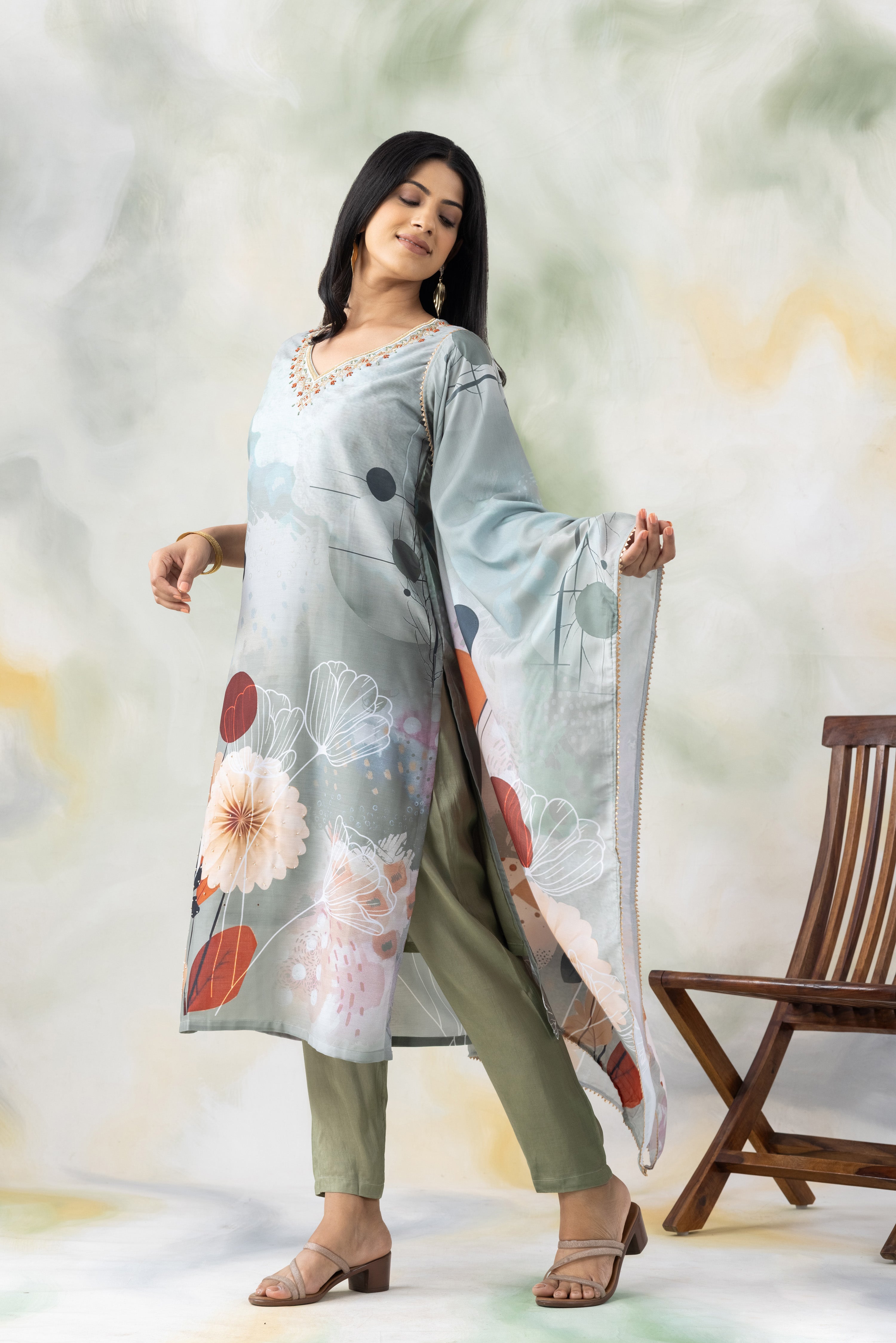 Floral Print Straight Kurta with Pants & Dupatta