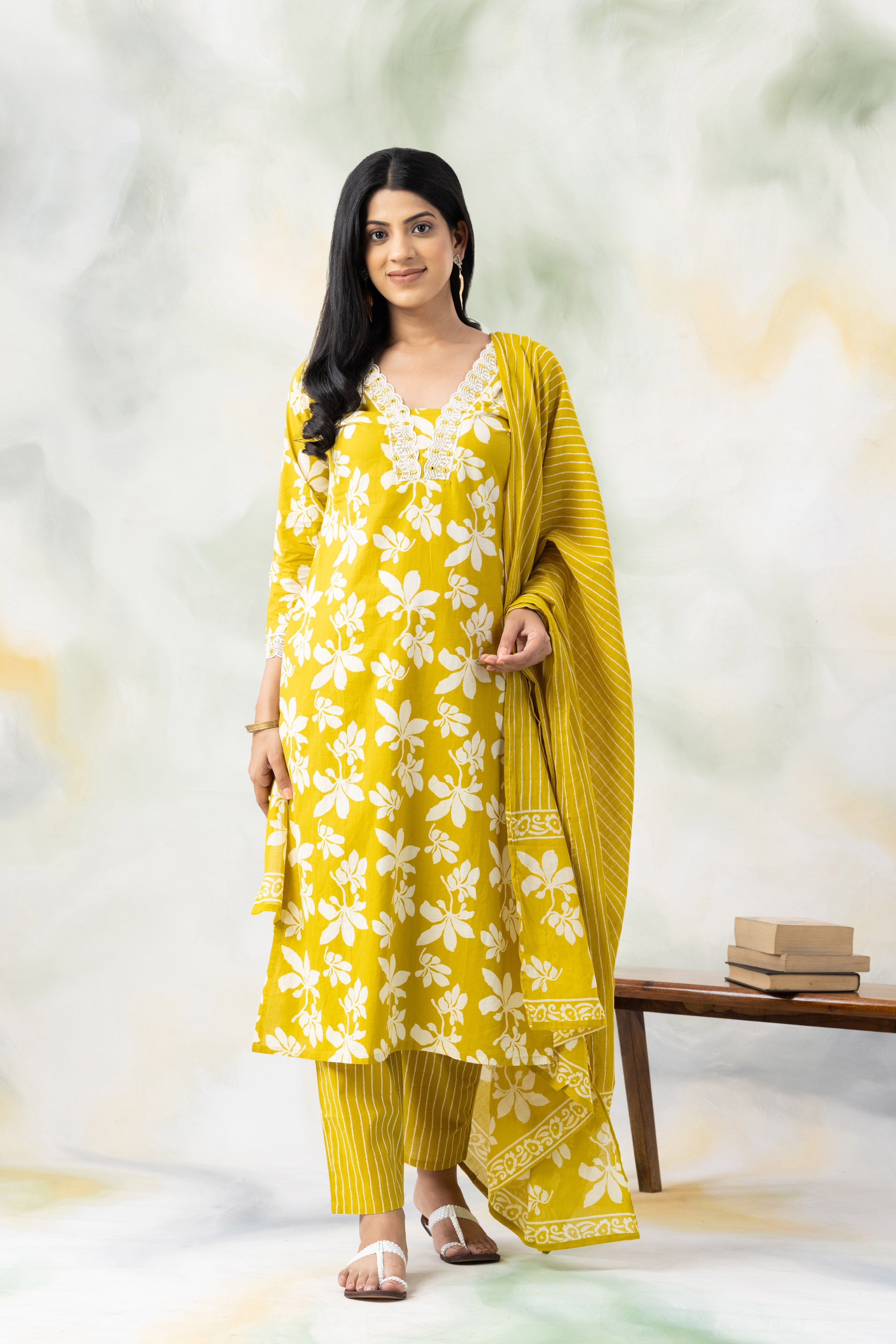 Yellow Printed Straight Kurta Set wit Pants