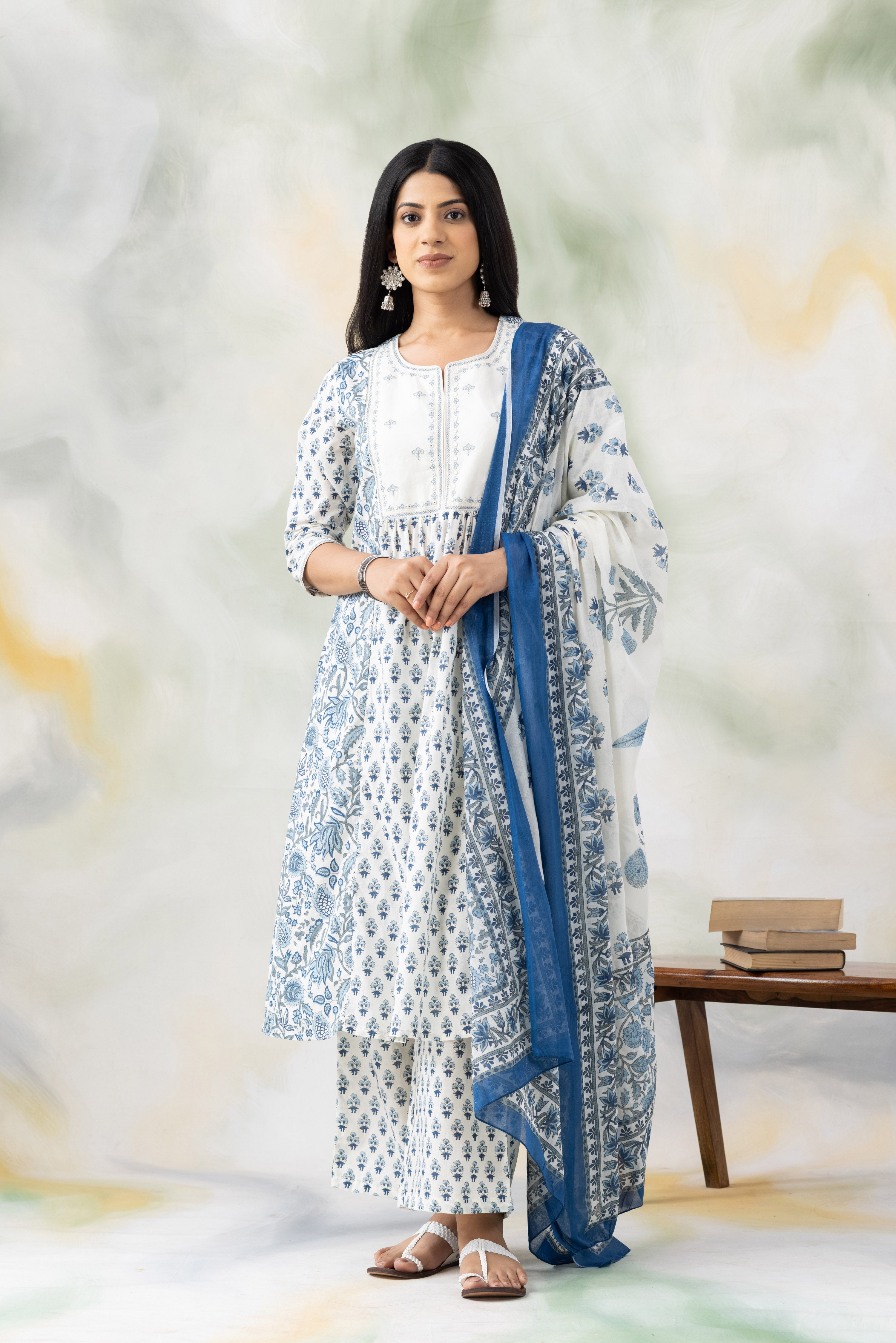 Blue Colored Cotton Kurta with Trousers and Printed Dupatta