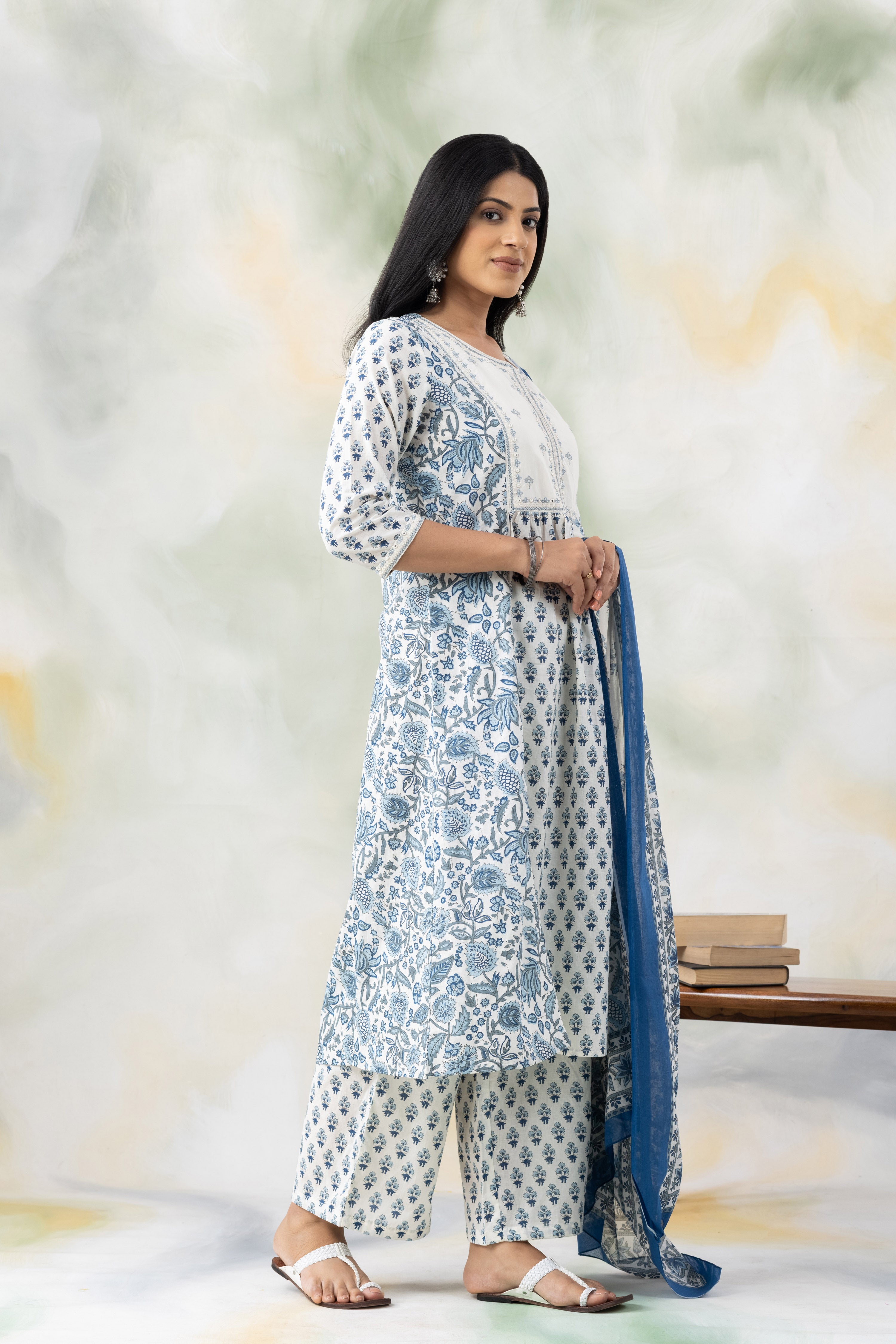 Blue Colored Cotton Kurta with Trousers and Printed Dupatta